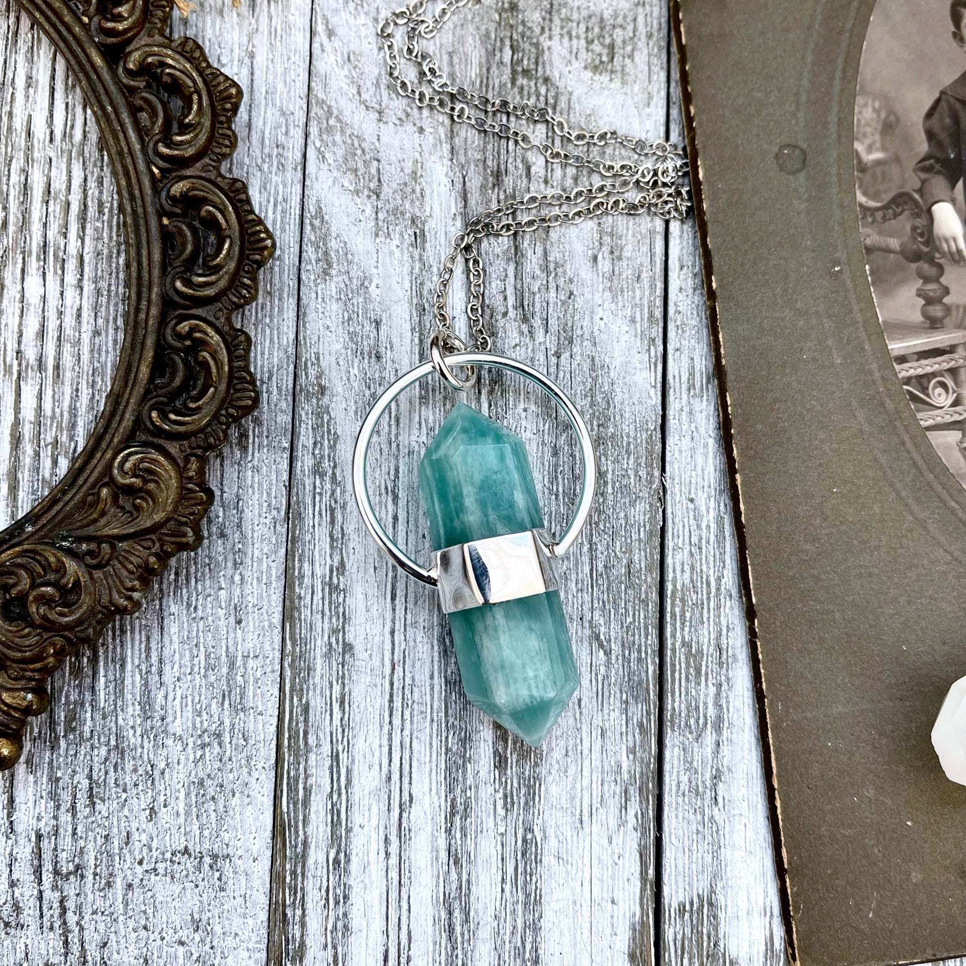 Blue Amazonite Crystal Point Necklace in Sterling Silver -Designed by FOXLARK Collection - Foxlark Crystal Jewelry