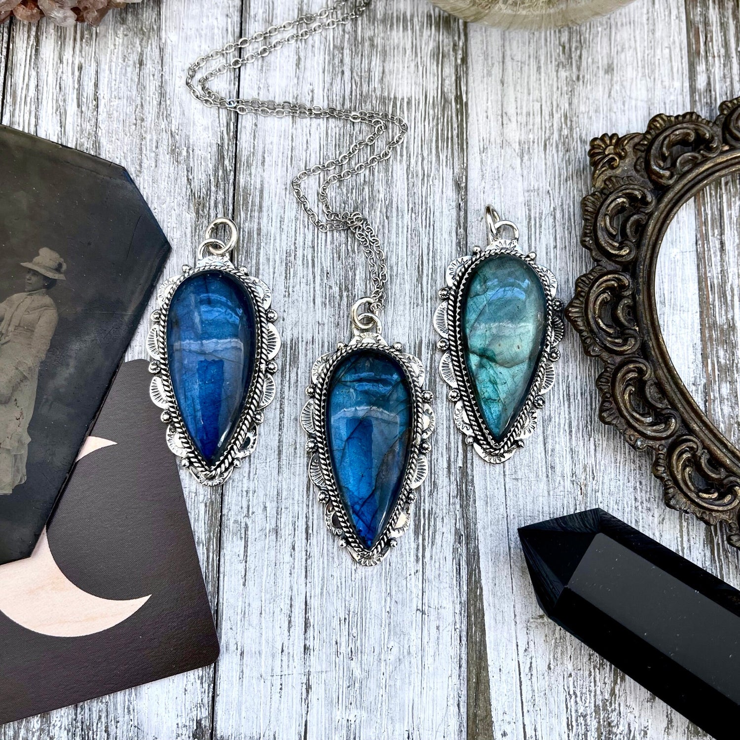Blue Labradorite Crystal Teardrop Necklace in Sterling Silver -Designed by FOXLARK Collection