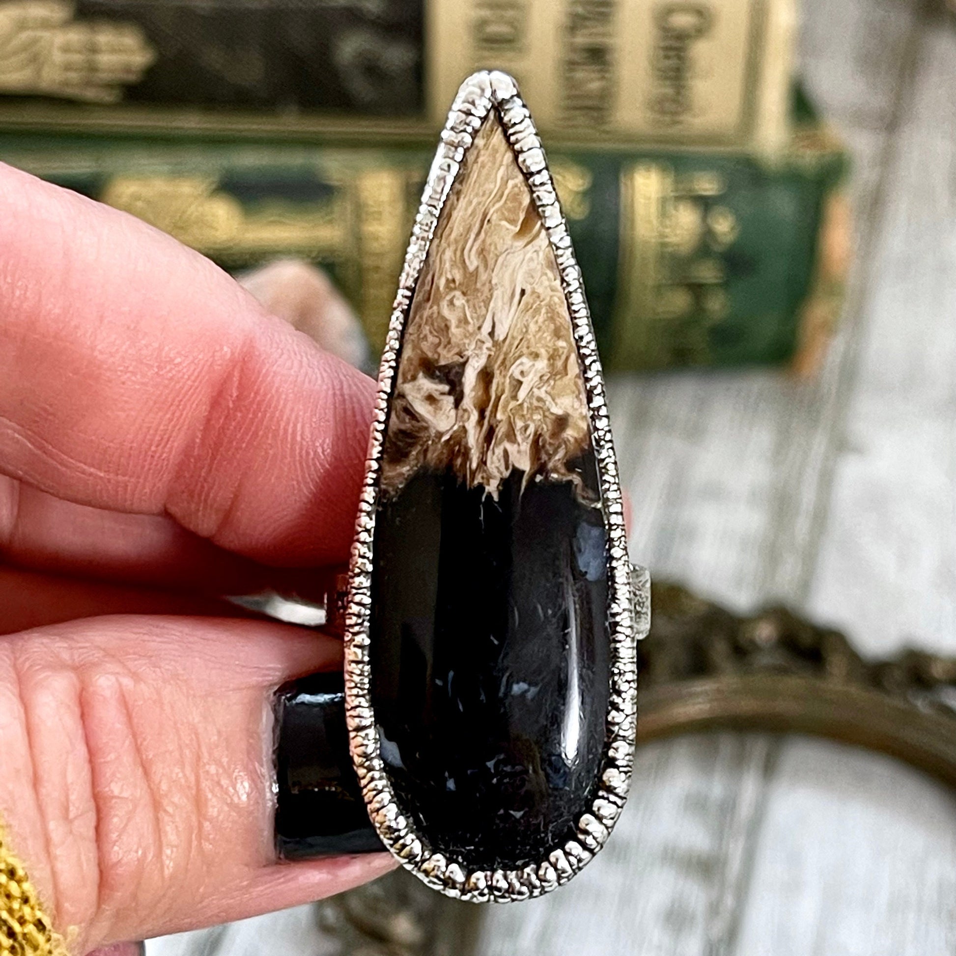 Big Bold Jewelry, Big Crystal Ring, Big Silver Ring, Big Stone Ring, Etsy ID: 1335937116, Fossilized Palm Root, FOXLARK- RINGS, Jewelry, Large Boho Ring, Large Crystal Ring, Large Stone Ring, Natural stone ring, Rings, silver crystal ring, Silver Stone Je