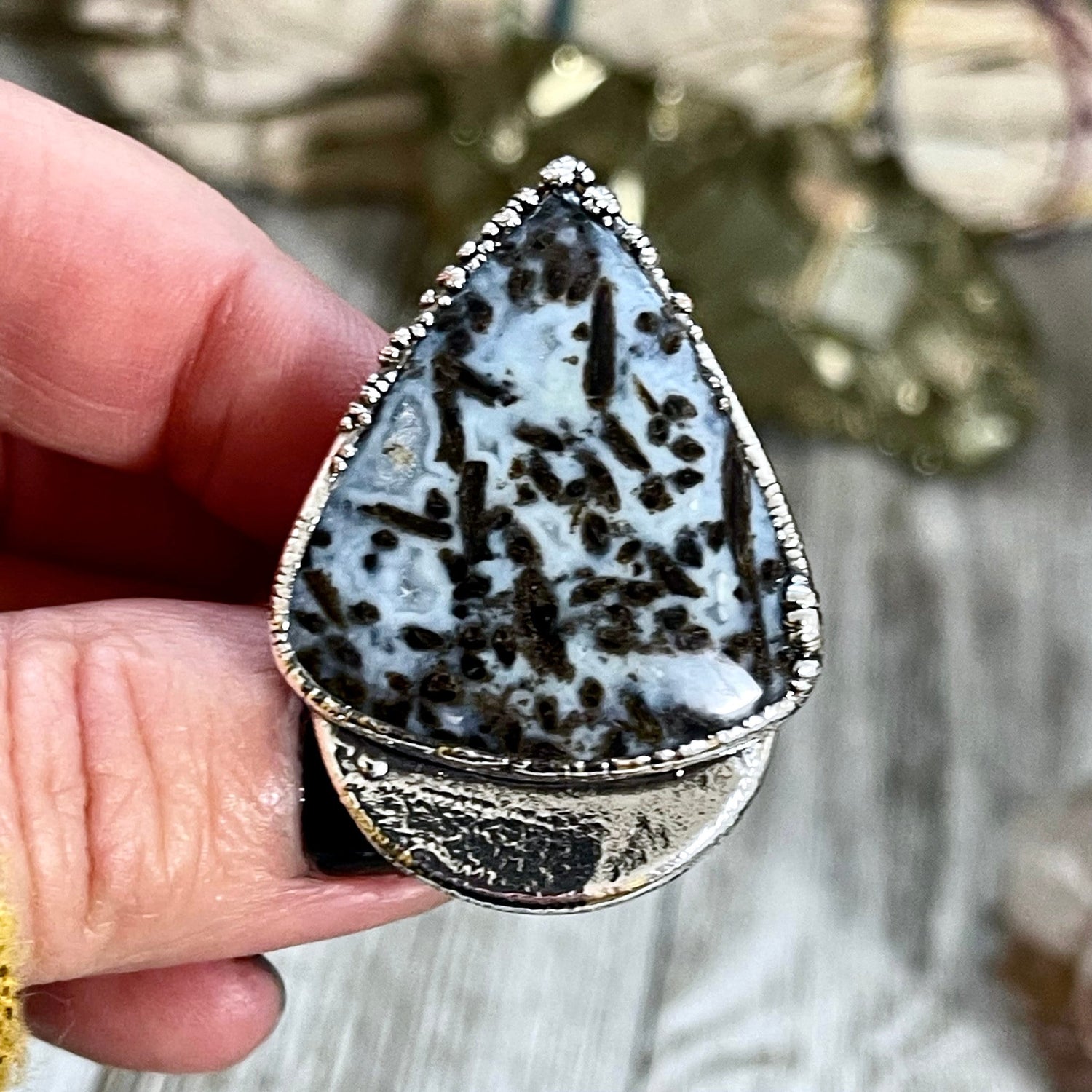 Unique Size 7 Large Blue Fossilized Palm Root Statement Ring in Fine Silver / Foxlark Collection - One of a Kind
