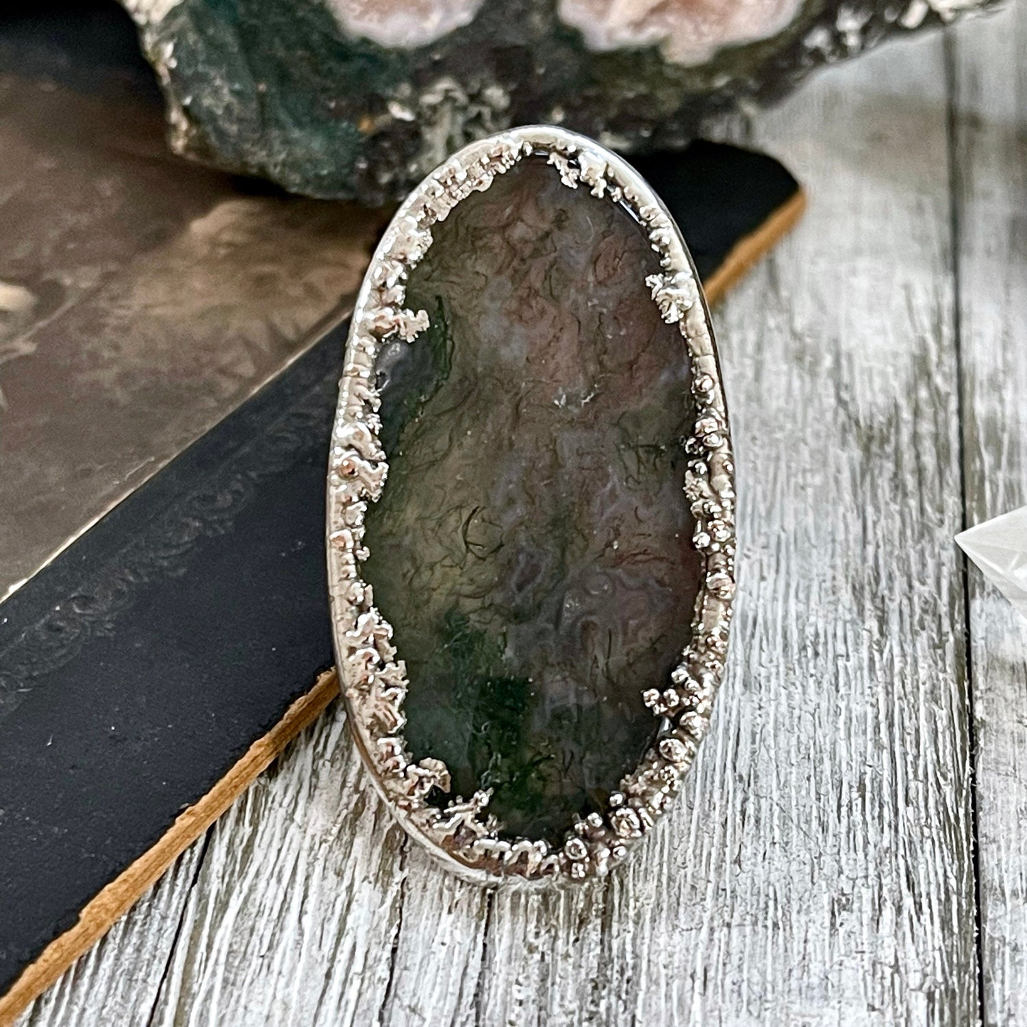 Big Size 8 Silver Natural Fancy Moss Agate Crystal Statement Ring / Foxlark Collection - One of a Kind