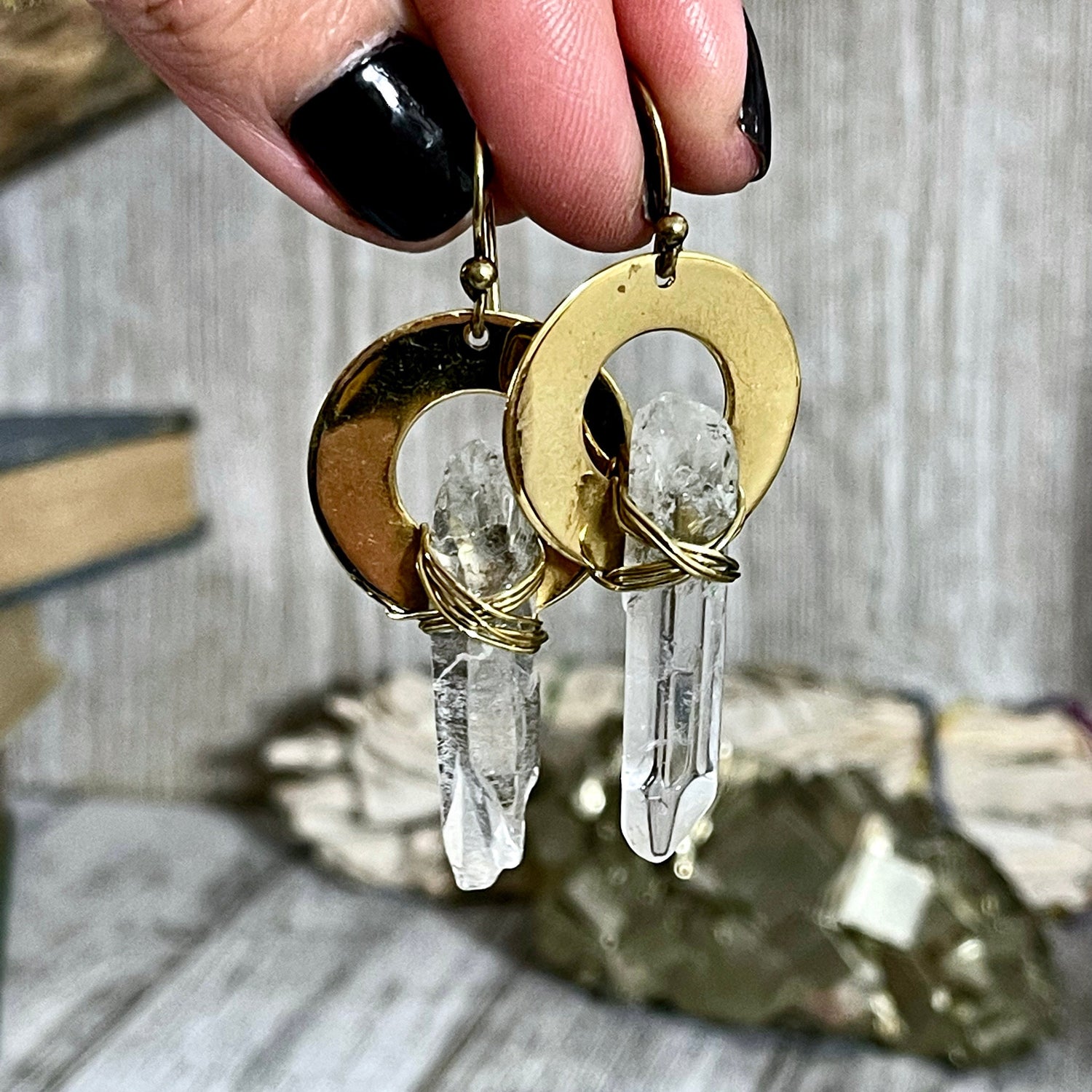 Brass Drop Earrings with Natural Clear Quartz Crystals