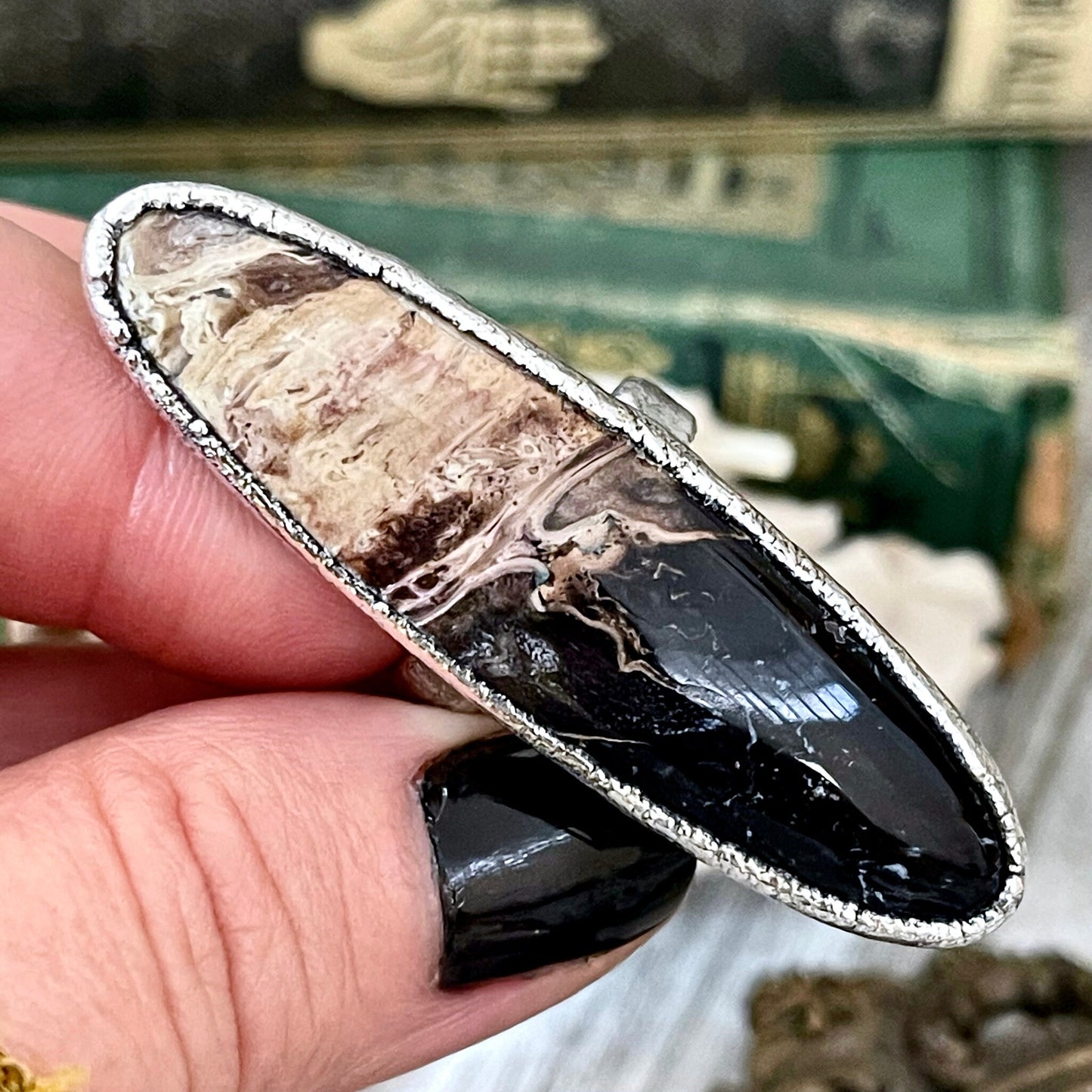 Size 7 Large Fossilized Palm Root Statement Ring in Fine Silver - Black Stone Ring / Foxlark Collection - One of a Kind