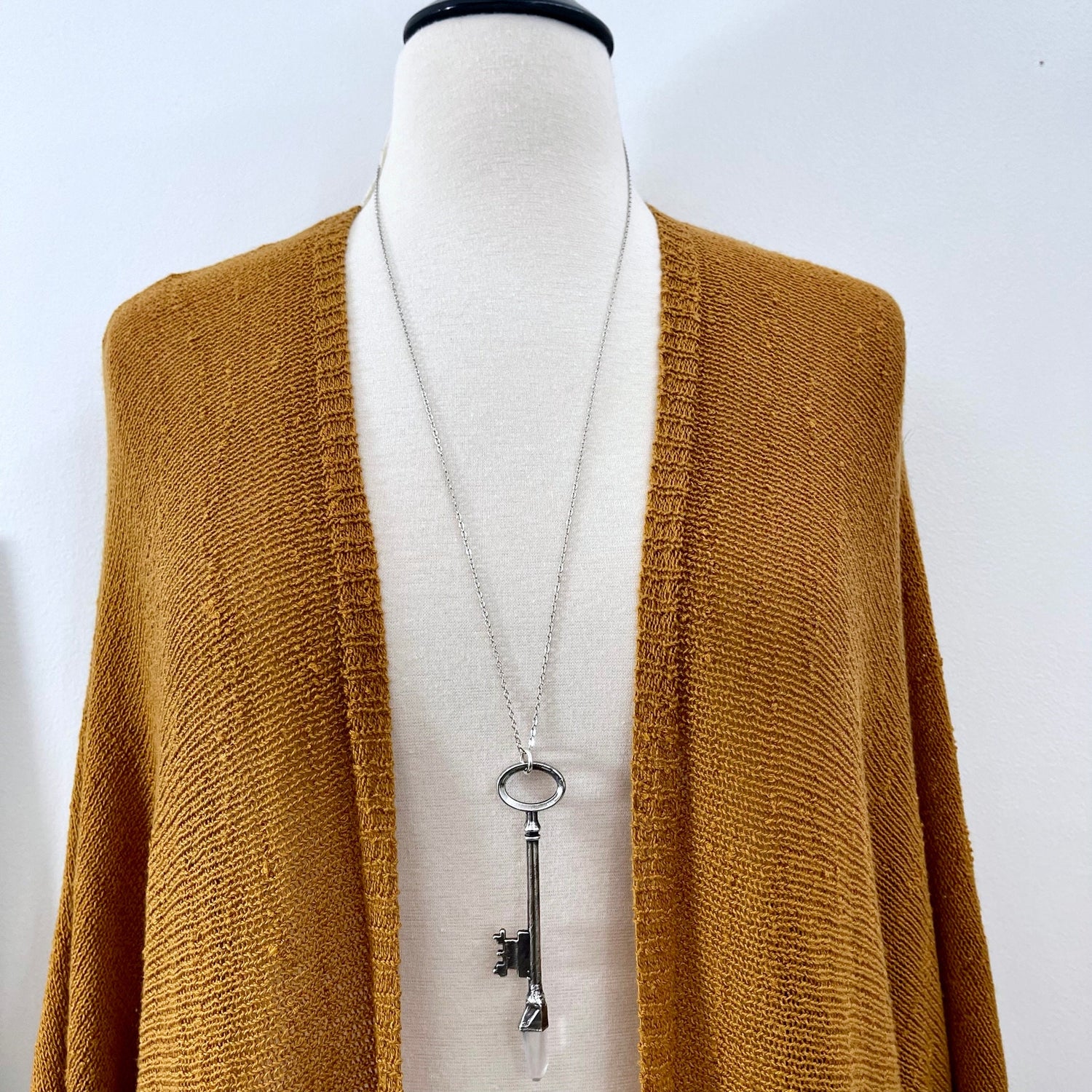 Raw Clear Quartz Crystal Vintage Skeleton Key Necklace Pendant in Fine Silver / Foxlark Collection - One of a Kind