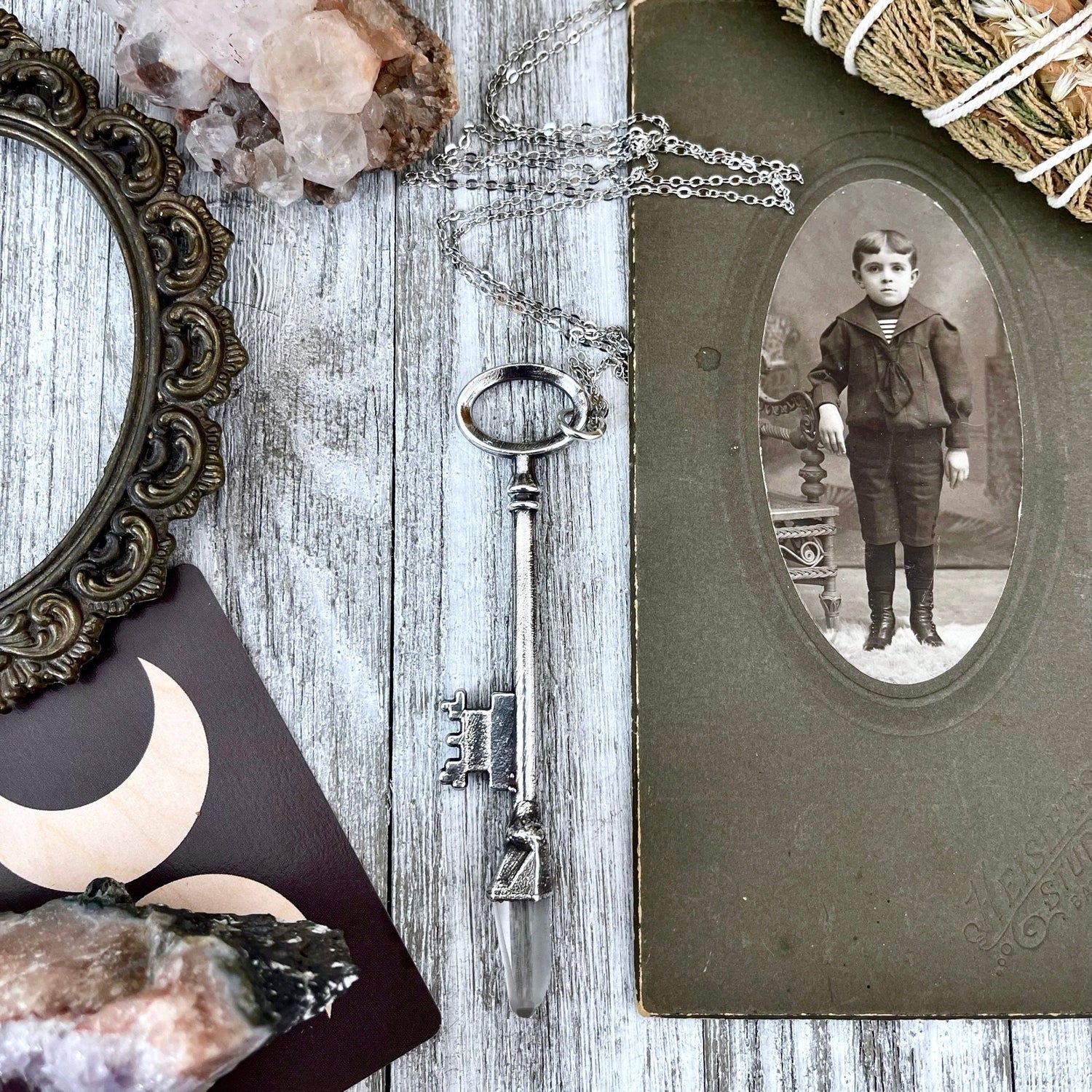 Raw Clear Quartz Crystal Vintage Skeleton Key Necklace Pendant in Fine Silver / Foxlark Collection - One of a Kind
