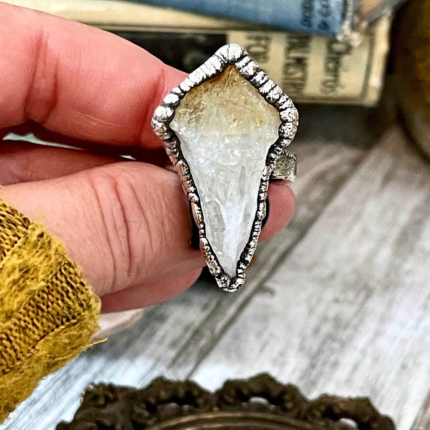 Size 8 Raw Citrine Point Ring Set in Fine Silver / Yellow Crystal Jewelry / Crystal Statement Ring