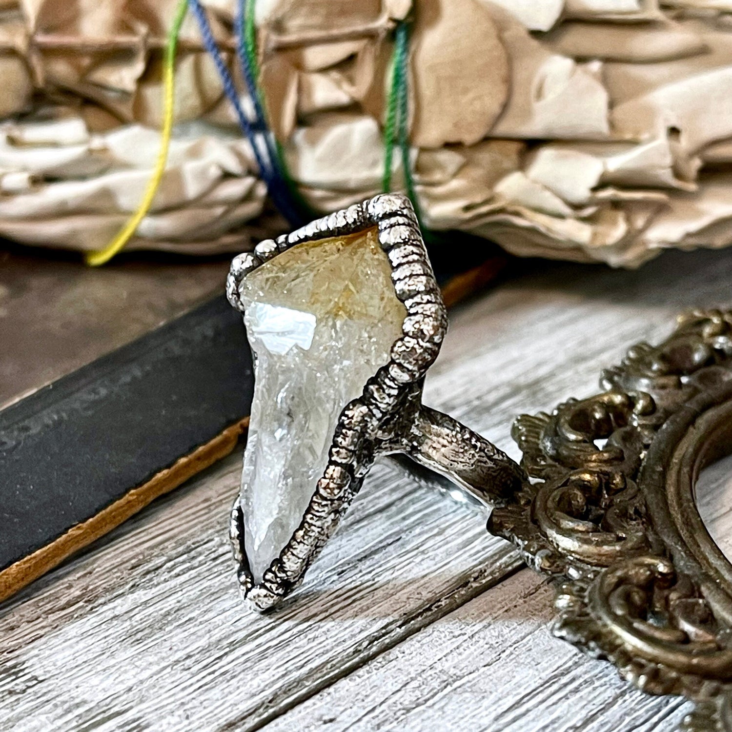 Size 8 Raw Citrine Point Ring Set in Fine Silver / Yellow Crystal Jewelry / Crystal Statement Ring