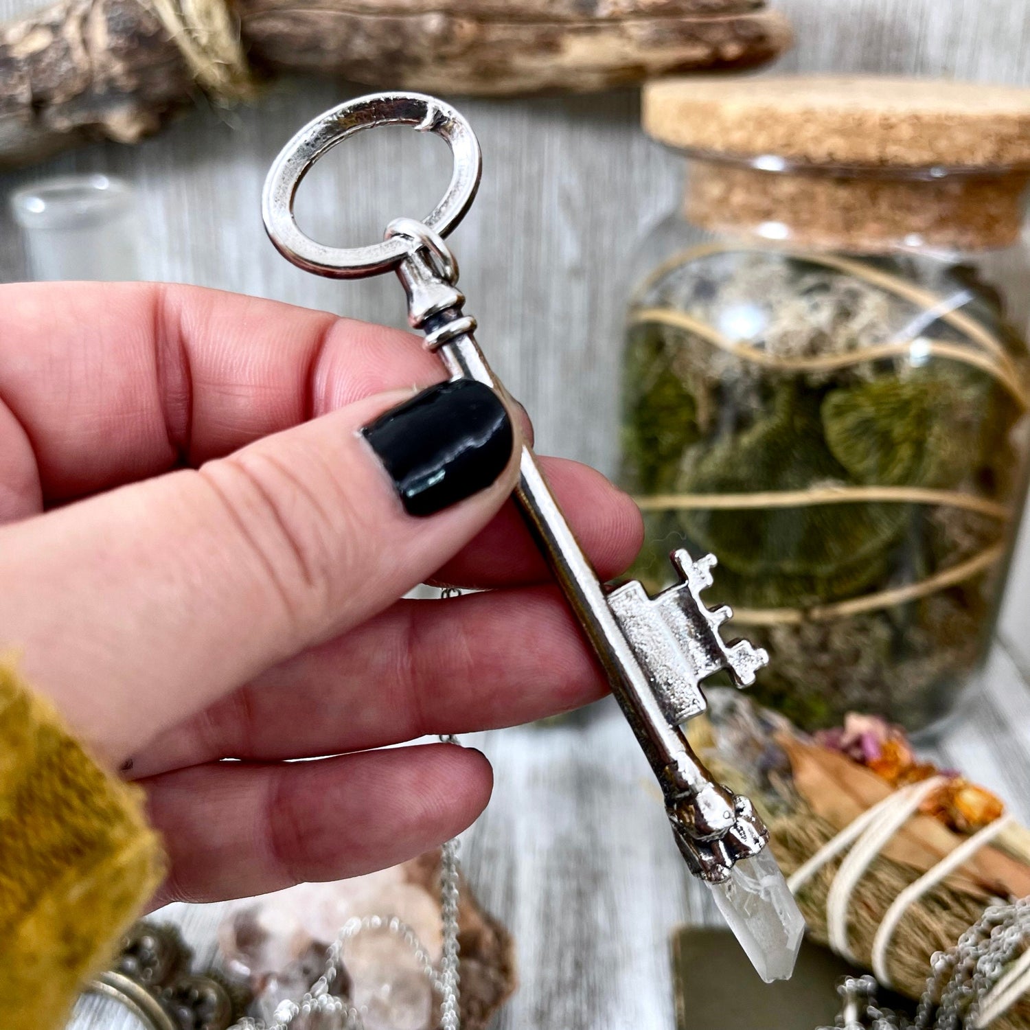Raw Clear Quartz Crystal Vintage Skeleton Key Necklace Pendant in Fine Silver / Foxlark Collection - One of a Kind