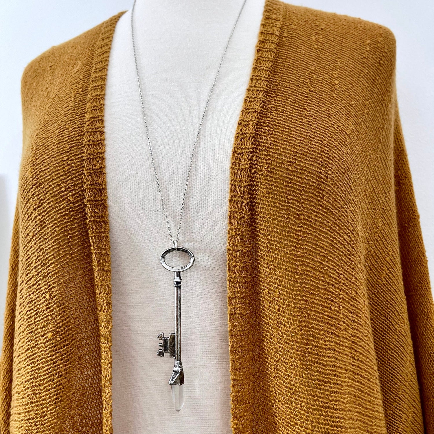 Raw Clear Quartz Crystal Vintage Skeleton Key Necklace Pendant in Fine Silver / Foxlark Collection - One of a Kind