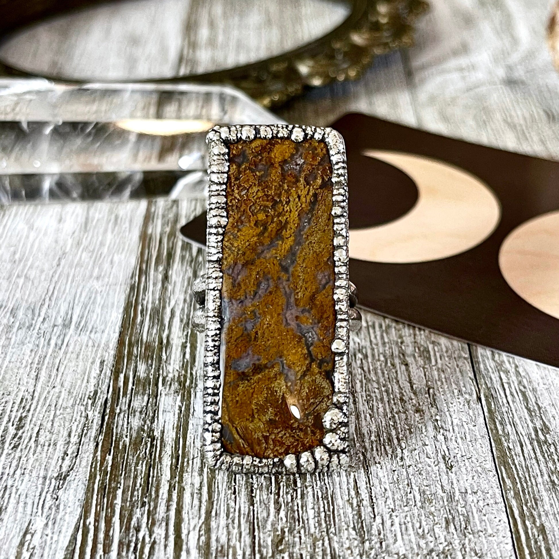 Big Size 8 Silver Natural Fancy Moss Agate Crystal Statement Ring / Foxlark Collection - One of a Kind - Foxlark Crystal Jewelry