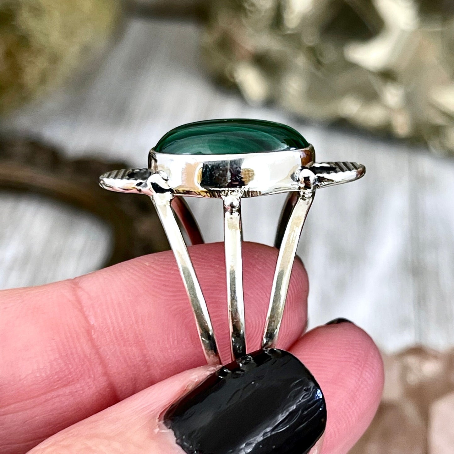 Green Malachite Double Moon Crystal Ring in Solid Sterling Silver- Designed by FOXLARK Collection Size 6 7 8 9 10 11 / Gothic Jewelry - Foxlark Crystal Jewelry