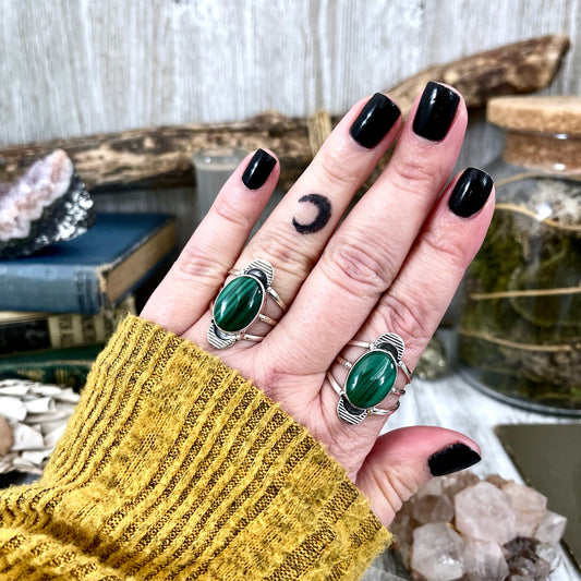 Green Malachite Double Moon Crystal Ring in Solid Sterling Silver- Designed by FOXLARK Collection Size 6 7 8 9 10 11