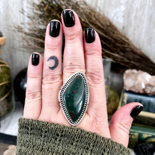 Big Bloodstone Crystal Statement Ring in Sterling Silver - Designed by FOXLARK Collection Adjusts to size 6,7,8,9, or 10 | Green Stone