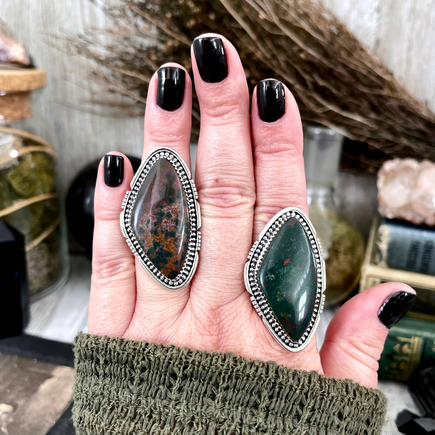 Big Bloodstone Crystal Statement Ring in Sterling Silver - Designed by FOXLARK Collection Adjusts to size 6,7,8,9, or 10 | Green Stone