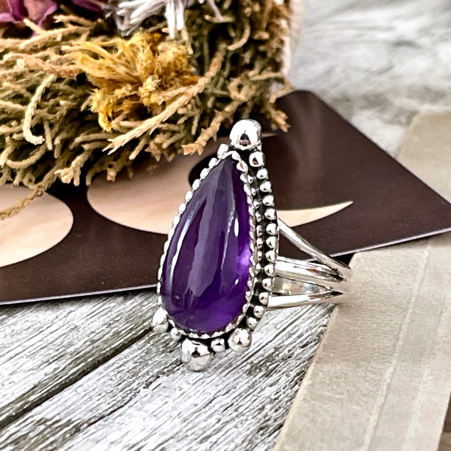 Purple Amethyst Teardrop Crystal Ring in Solid Sterling Silver- Designed by FOXLARK Collection Size 6 7 8 9 10