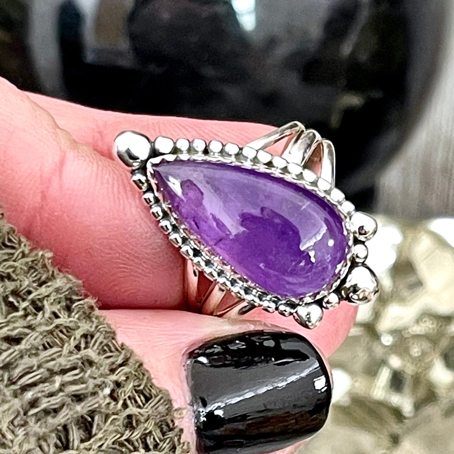 Purple Amethyst Teardrop Crystal Ring in Solid Sterling Silver- Designed by FOXLARK Collection Size 6 7 8 9 10