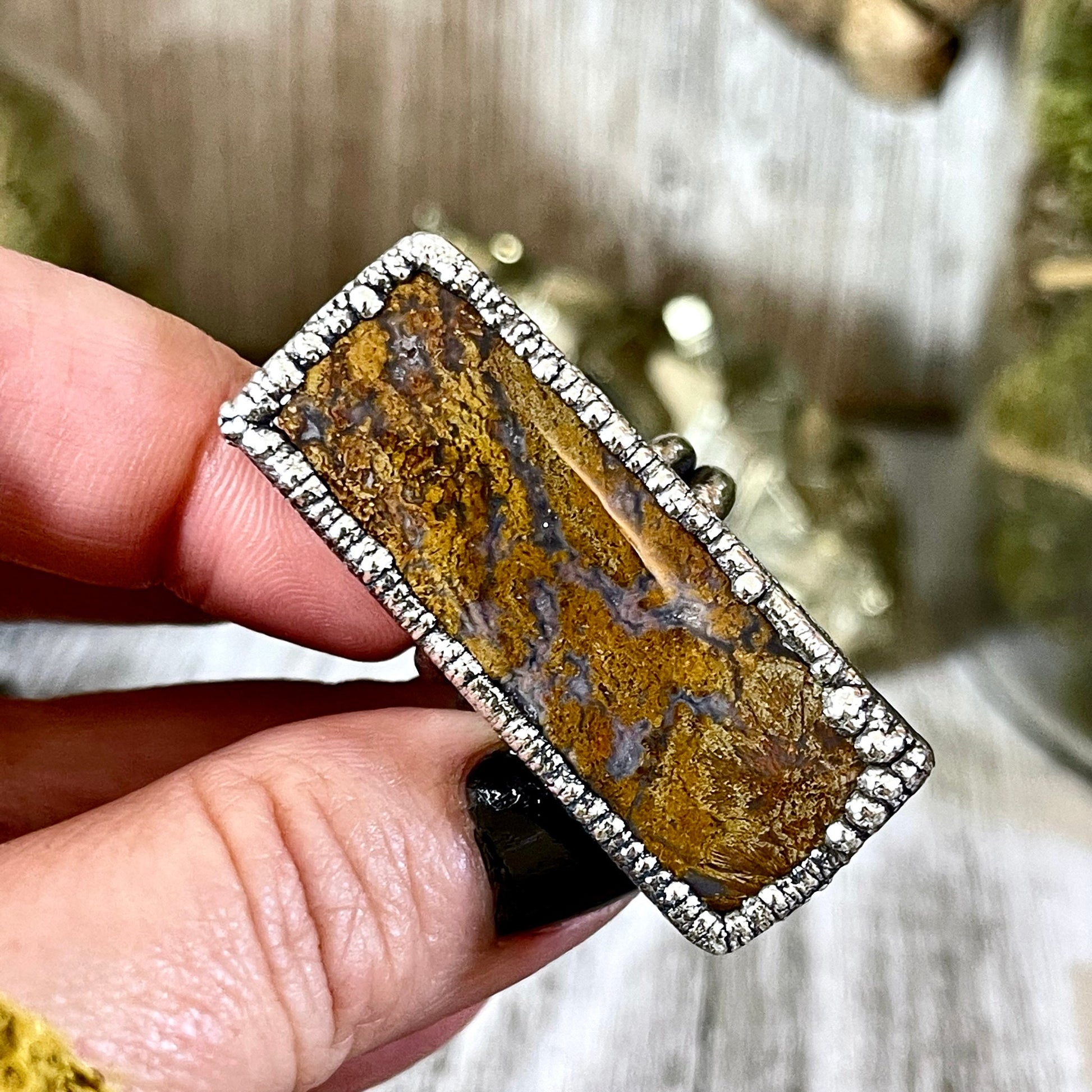 Big Size 8 Silver Natural Fancy Moss Agate Crystal Statement Ring / Foxlark Collection - One of a Kind - Foxlark Crystal Jewelry