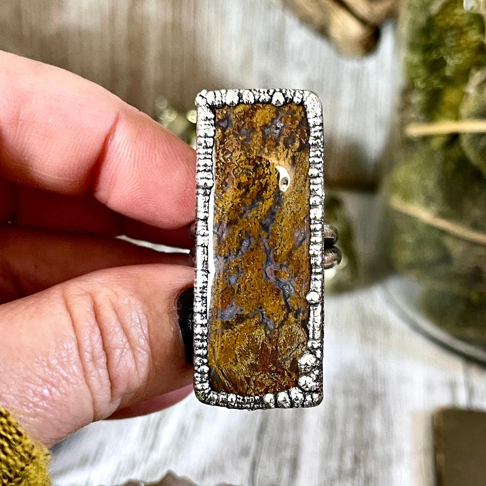 Big Size 8 Silver Natural Fancy Moss Agate Crystal Statement Ring / Foxlark Collection - One of a Kind - Foxlark Crystal Jewelry