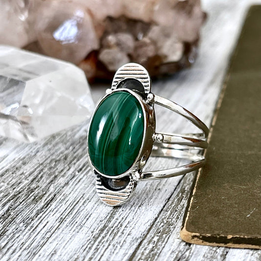 Green Malachite Double Moon Crystal Ring in Solid Sterling Silver- Designed by FOXLARK Collection Size 6 7 8 9 10 11