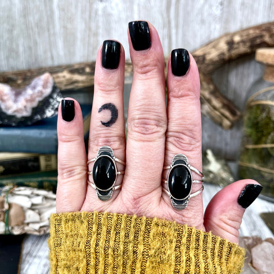Black Onyx Double Moon Crystal Ring in Solid Sterling Silver- Designed by FOXLARK Collection Size 6 7 8 9 10 11