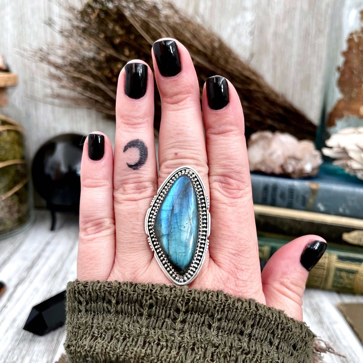 Big Labradorite Crystal Statement Ring in Sterling Silver - Designed by FOXLARK Collection Adjusts to size 6,7,8,9, or 10 | Blue Stone