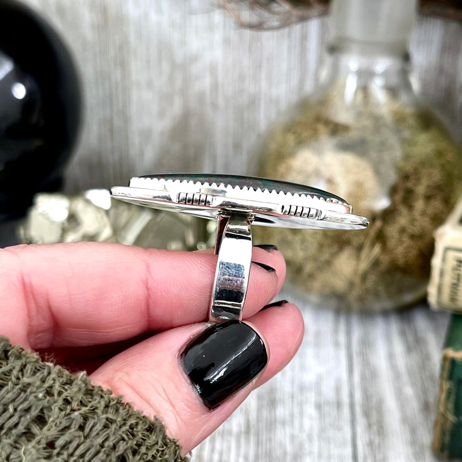 Big Bloodstone Crystal Statement Ring in Sterling Silver - Designed by FOXLARK Collection Adjusts to size 6,7,8,9, or 10 | Green Stone