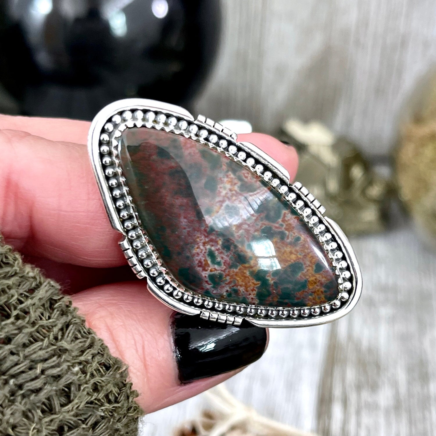 Big Bloodstone Crystal Statement Ring in Sterling Silver - Designed by FOXLARK Collection Adjusts to size 6,7,8,9, or 10 | Green Stone