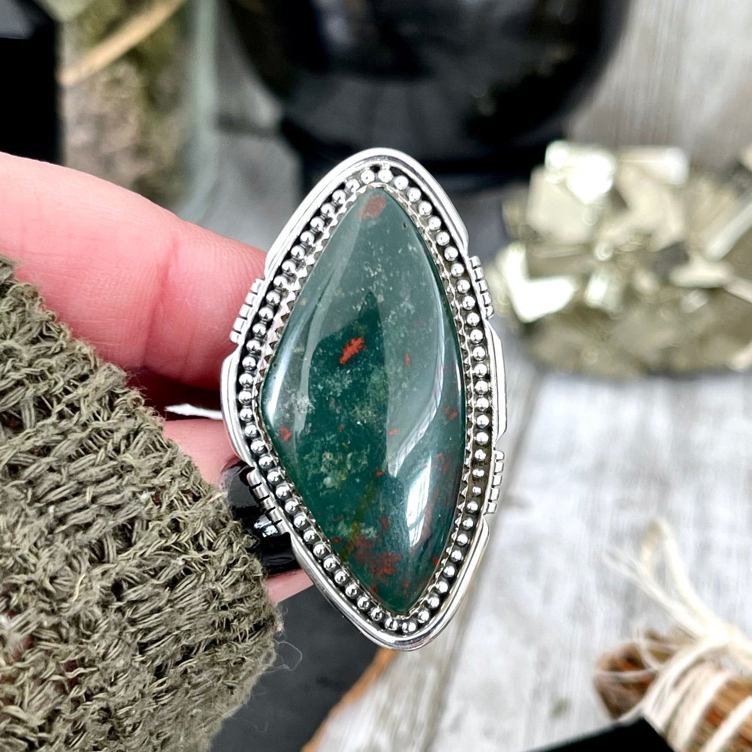 Big Bloodstone Crystal Statement Ring in Sterling Silver - Designed by FOXLARK Collection Adjusts to size 6,7,8,9, or 10 | Green Stone