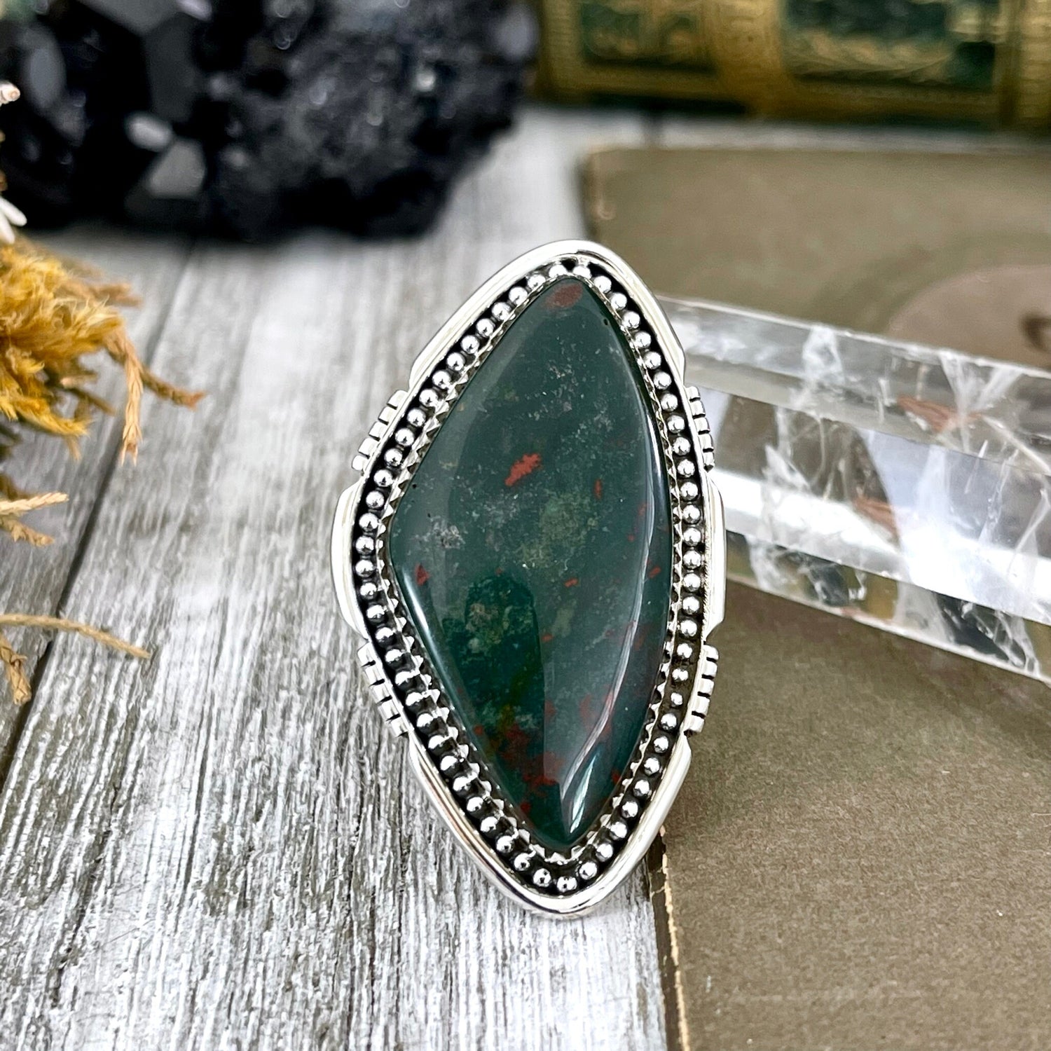 Big Bloodstone Crystal Statement Ring in Sterling Silver - Designed by FOXLARK Collection Adjusts to size 6,7,8,9, or 10 | Green Stone