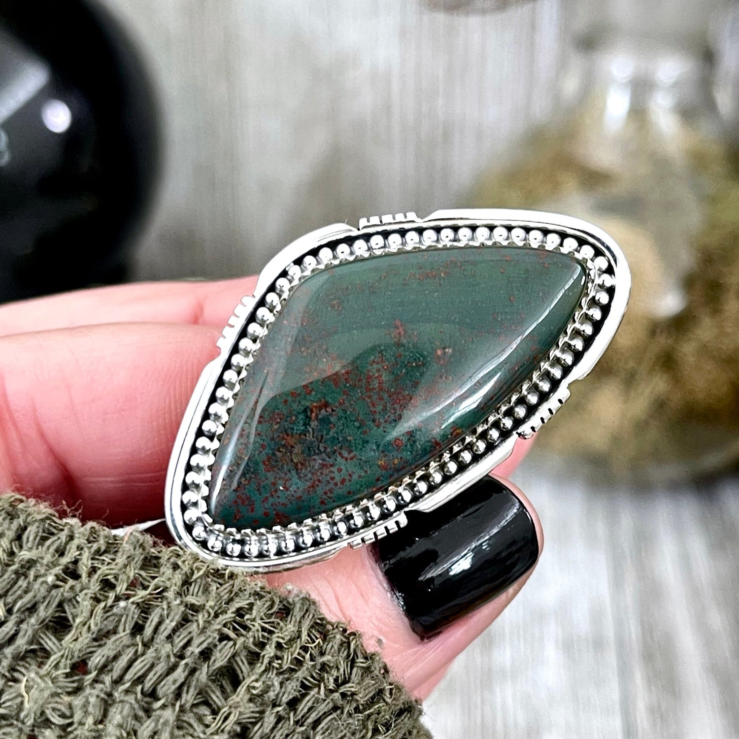 Big Bloodstone Crystal Statement Ring in Sterling Silver - Designed by FOXLARK Collection Adjusts to size 6,7,8,9, or 10 | Green Stone