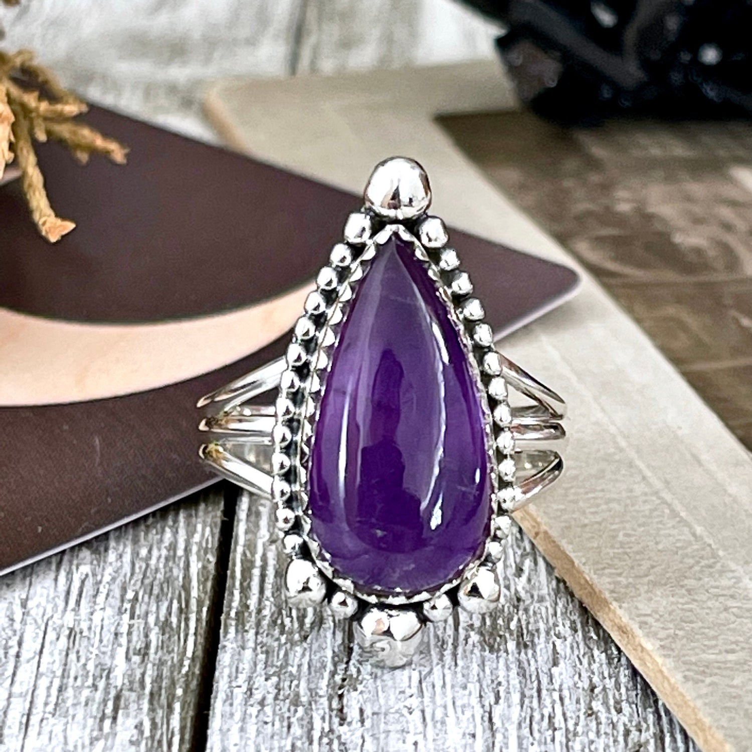 Purple Amethyst Teardrop Crystal Ring in Solid Sterling Silver- Designed by FOXLARK Collection Size 6 7 8 9 10