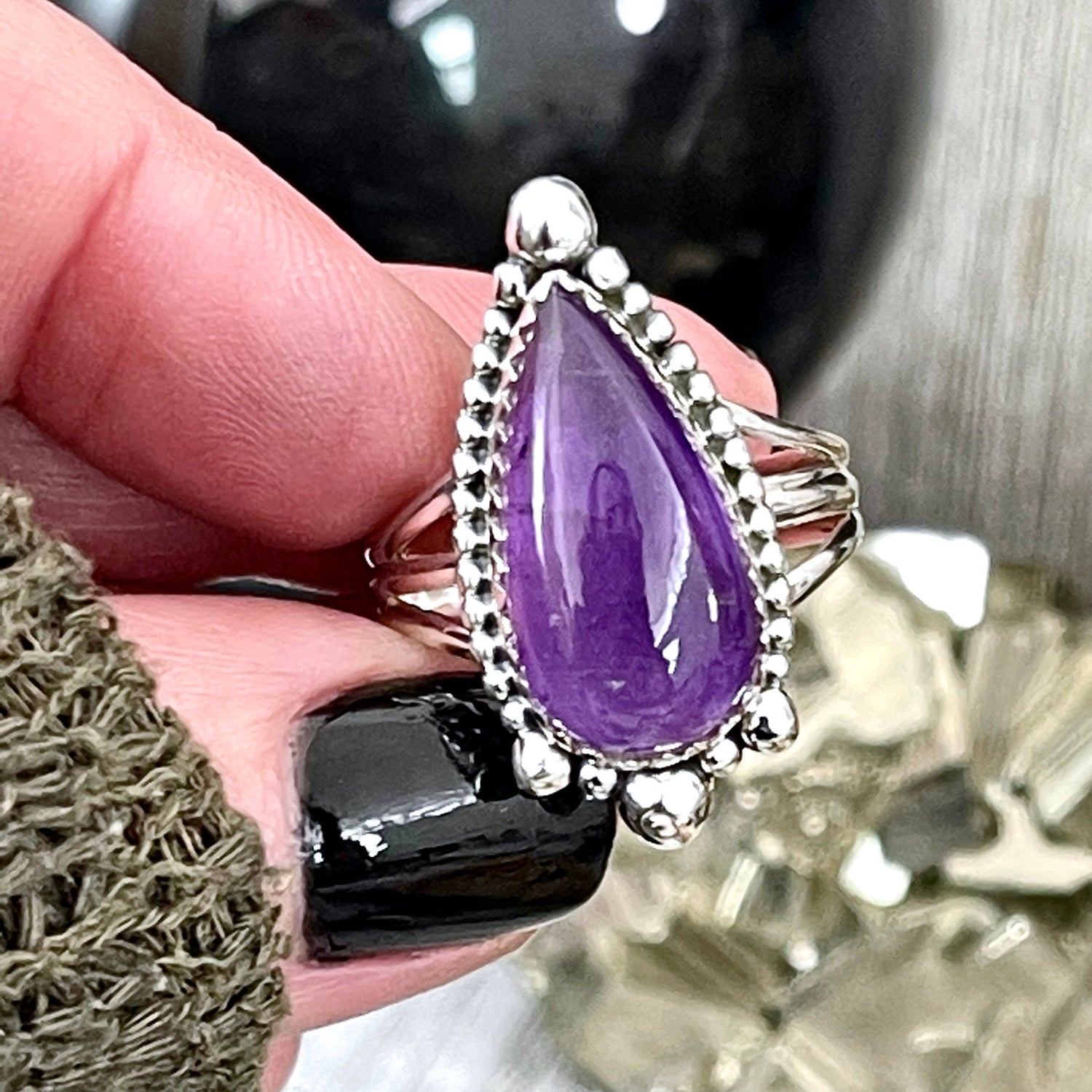 Purple Amethyst Teardrop Crystal Ring in Solid Sterling Silver- Designed by FOXLARK Collection Size 6 7 8 9 10