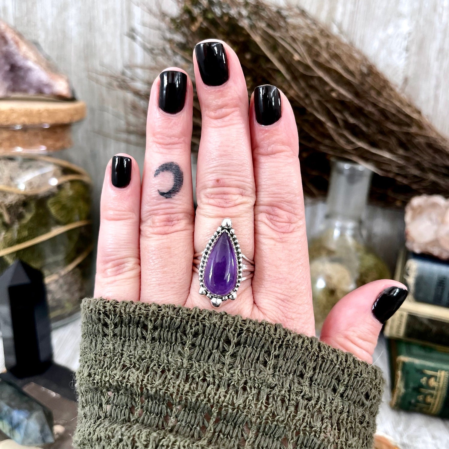 Purple Amethyst Teardrop Crystal Ring in Solid Sterling Silver- Designed by FOXLARK Collection Size 6 7 8 9 10