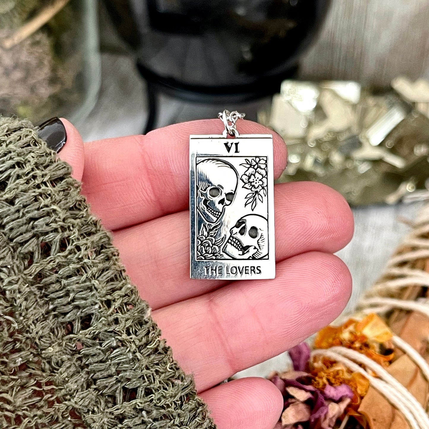 Tiny Talisman Collection - Sterling Silver Tarot Cart The Lovers Skull Necklace Charm 24x15mm / Curated  Collection