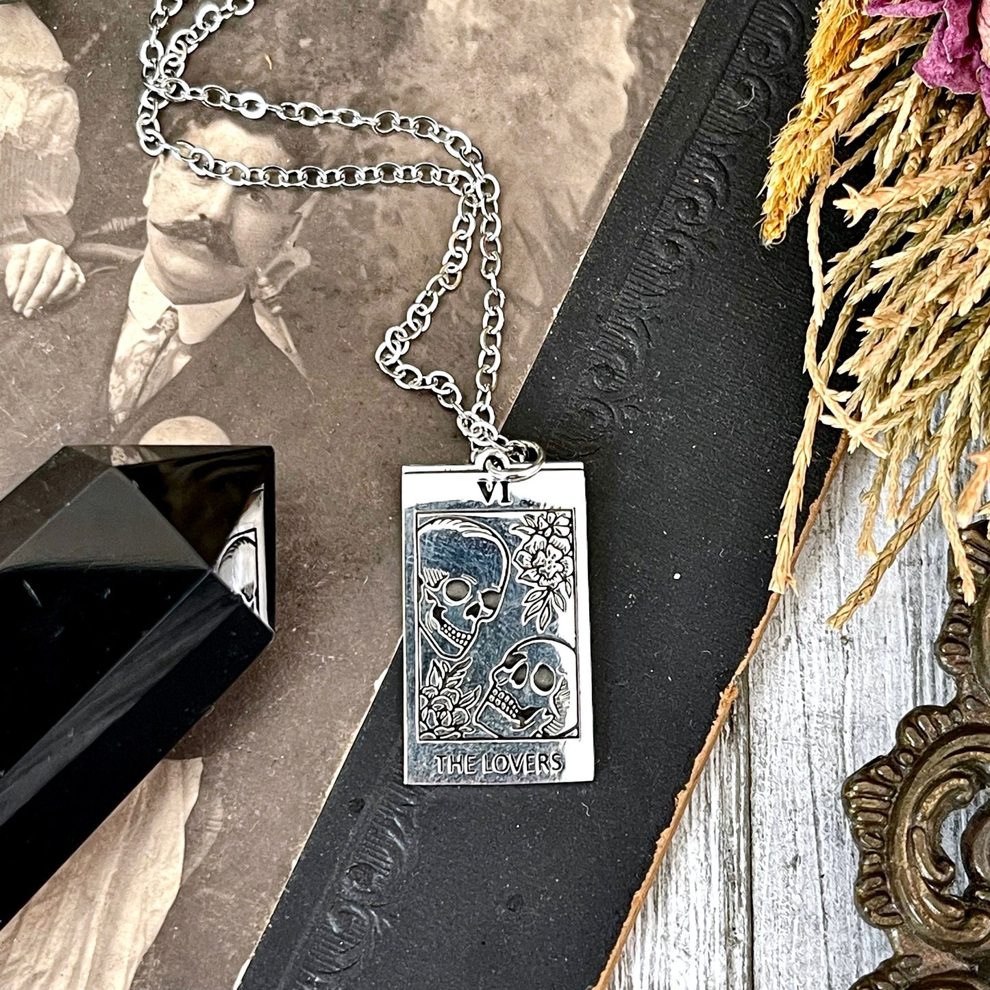 Tiny Talisman Collection - Sterling Silver Tarot Cart The Lovers Skull Necklace Charm 24x15mm / Curated  Collection