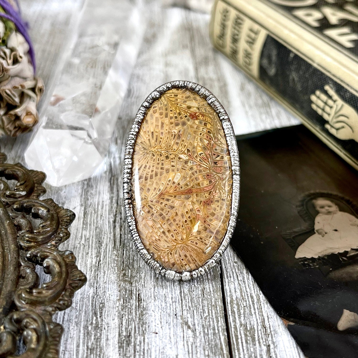 Size 9.5 Fossilized Coral Silver Statement Ring in Fine Silver / Foxlark Collection - One of a Kind