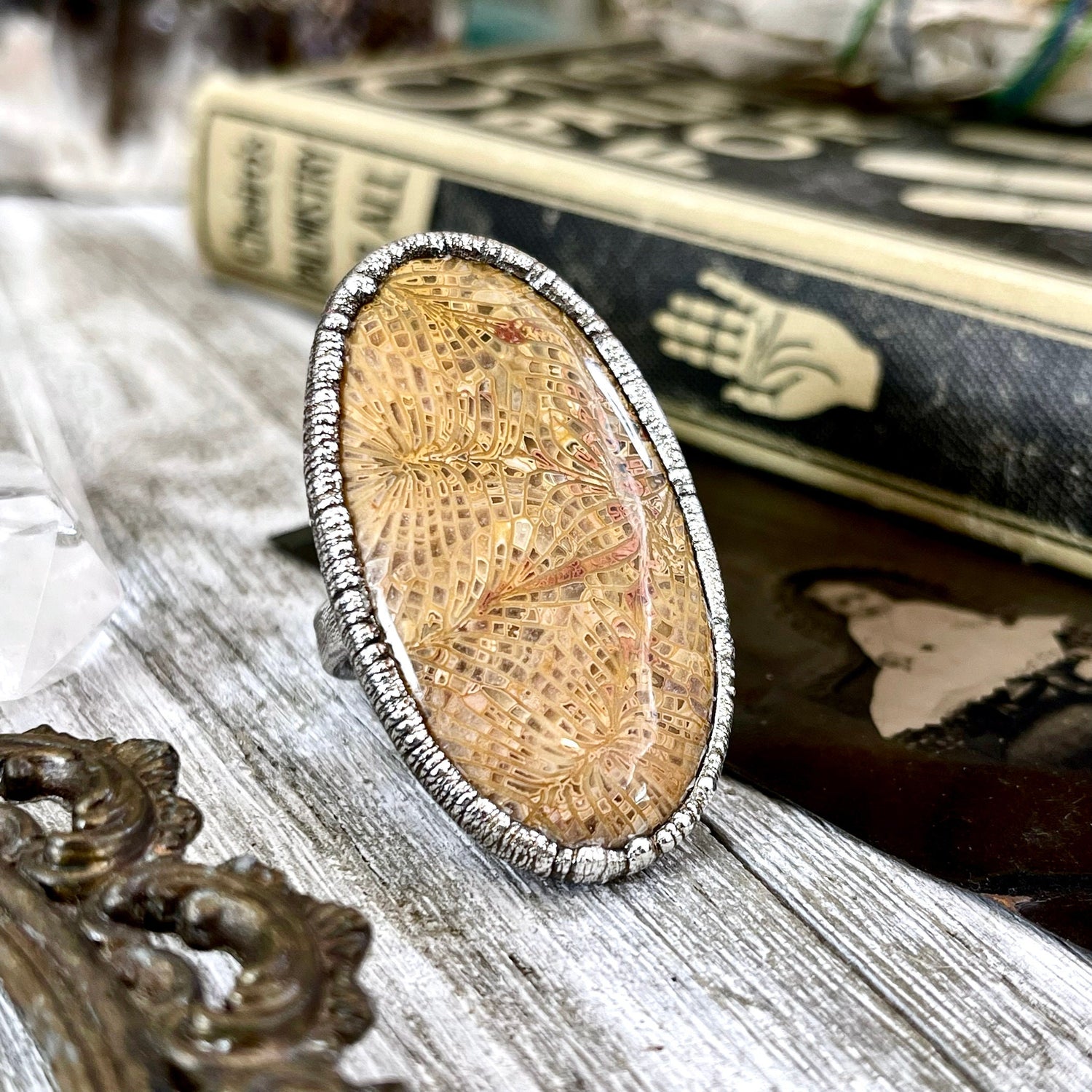 Size 9.5 Fossilized Coral Silver Statement Ring in Fine Silver / Foxlark Collection - One of a Kind