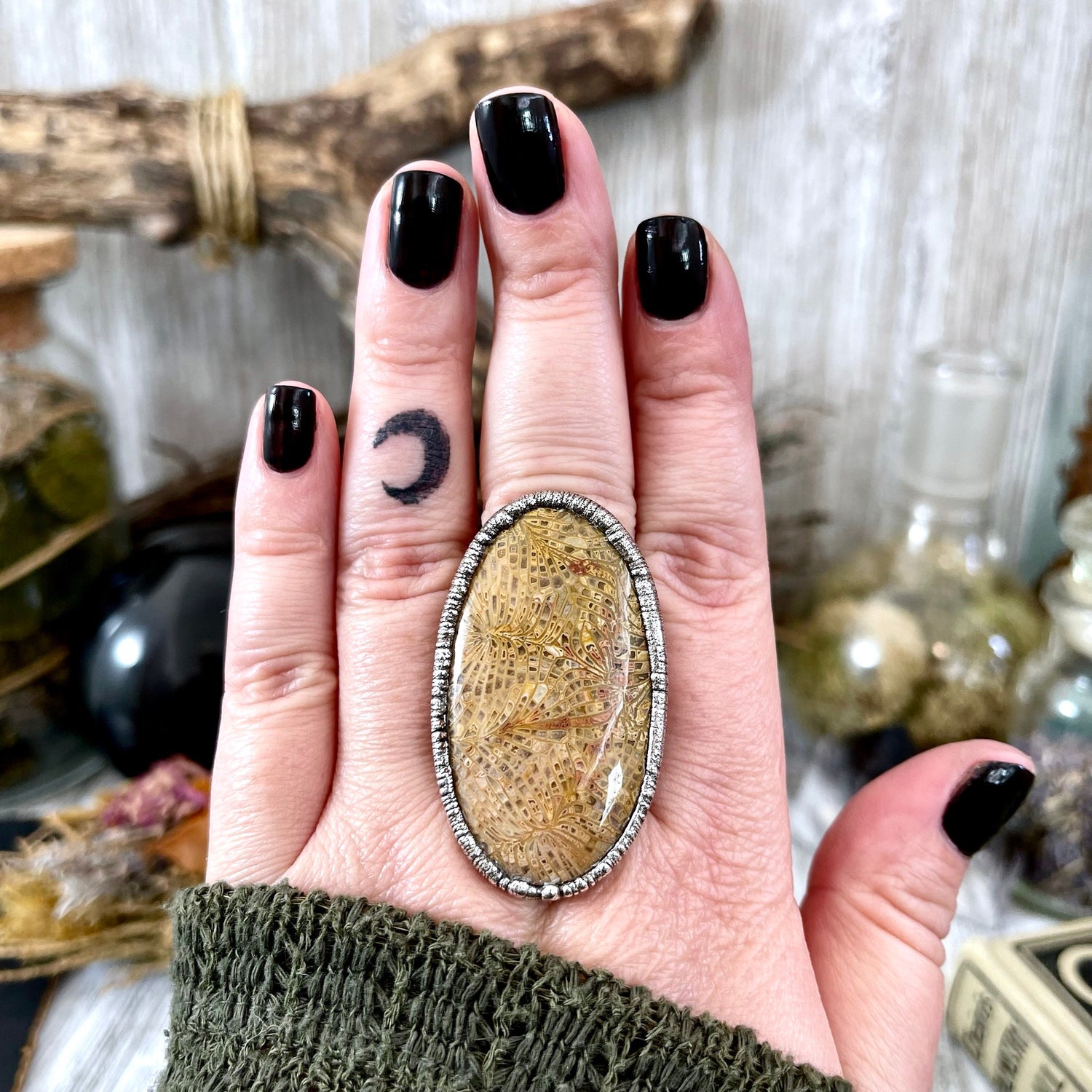 Size 9.5 Fossilized Coral Silver Statement Ring in Fine Silver / Foxlark Collection - One of a Kind