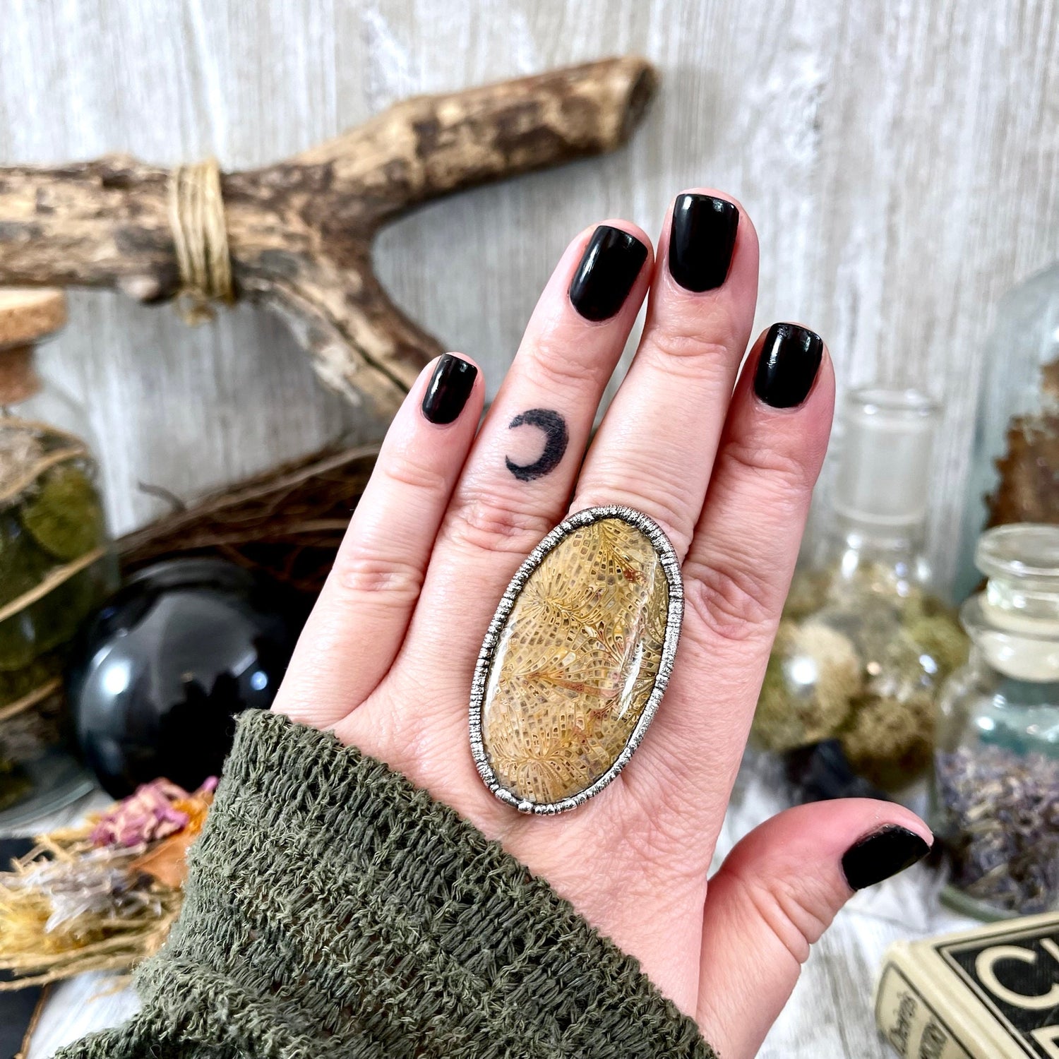Size 9.5 Fossilized Coral Silver Statement Ring in Fine Silver / Foxlark Collection - One of a Kind