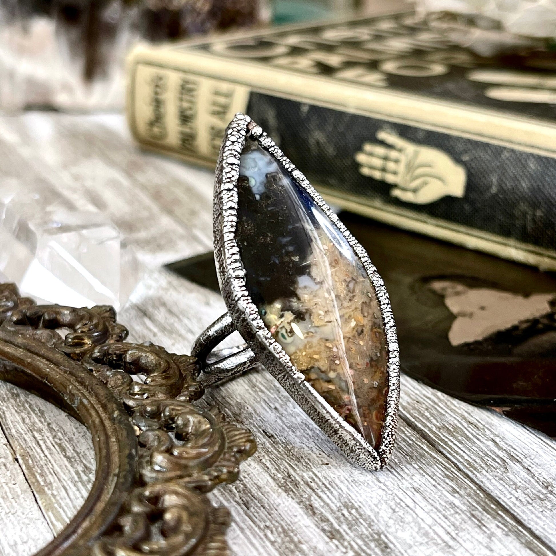 Big Bold Jewelry, Big Crystal Ring, Big Silver Ring, Big Stone Ring, Etsy ID: 1414498699, Fossilized Palm Root, FOXLARK- RINGS, Jewelry, Large Boho Ring, Large Crystal Ring, Large Stone Ring, Natural stone ring, Rings, silver crystal ring, Silver Stone Je