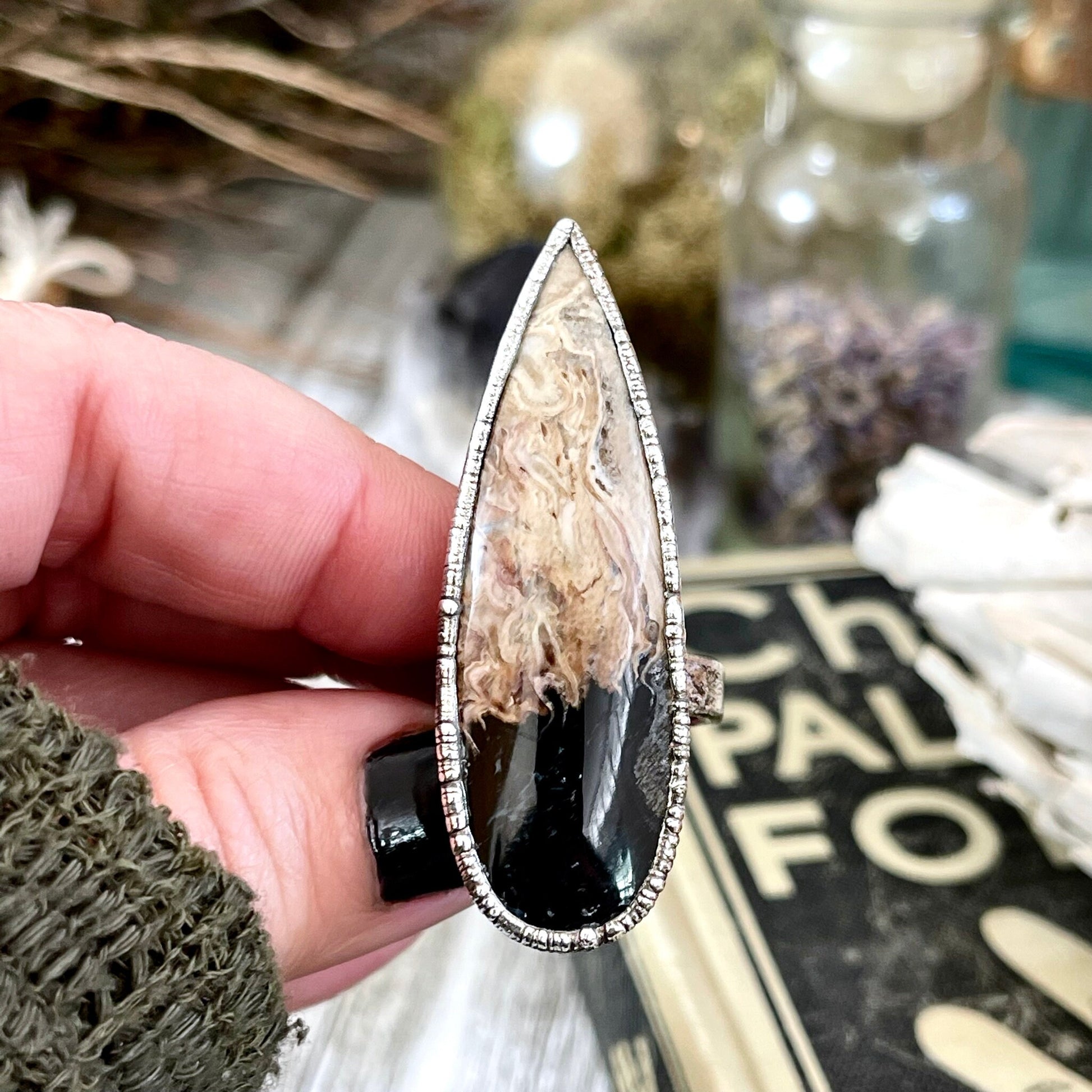 Unique Size 7 Large Fossilized Palm Root Statement Ring in Fine Silver / Foxlark Collection - One of a Kind.