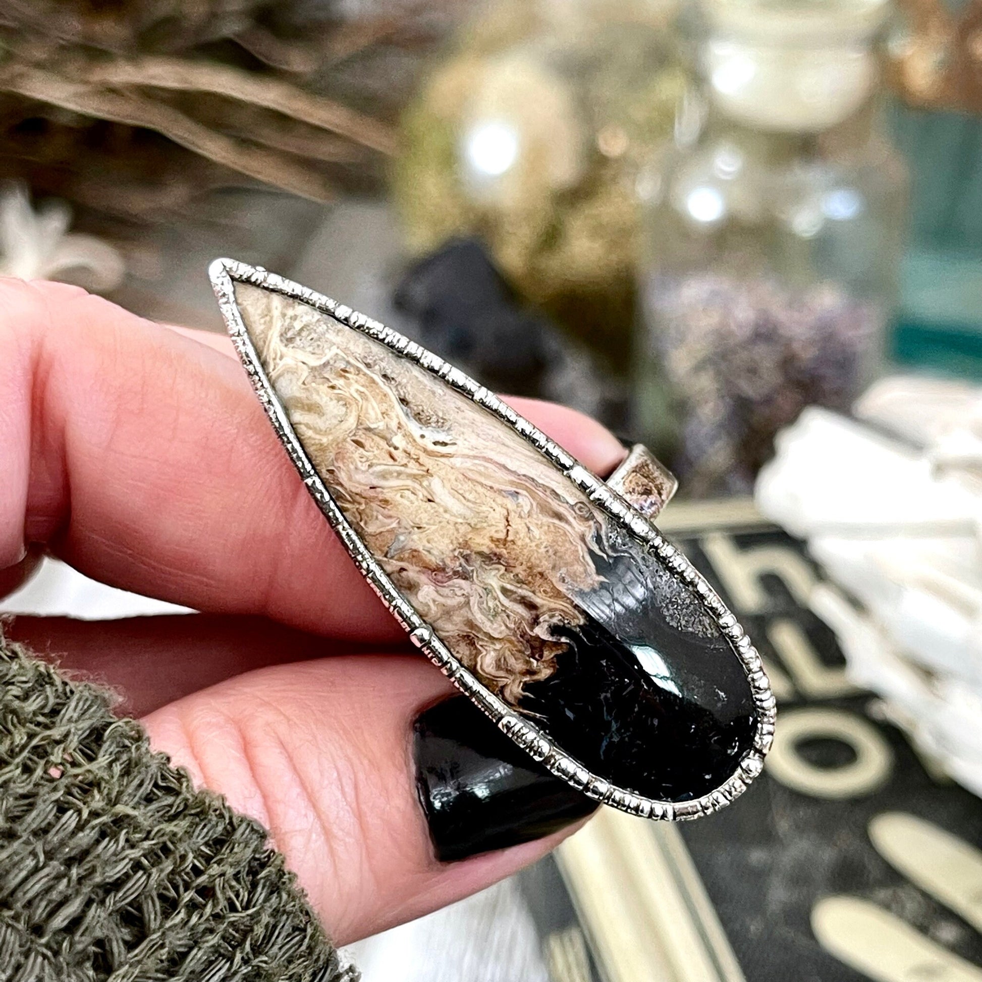 Unique Size 7 Large Fossilized Palm Root Statement Ring in Fine Silver / Foxlark Collection - One of a Kind.