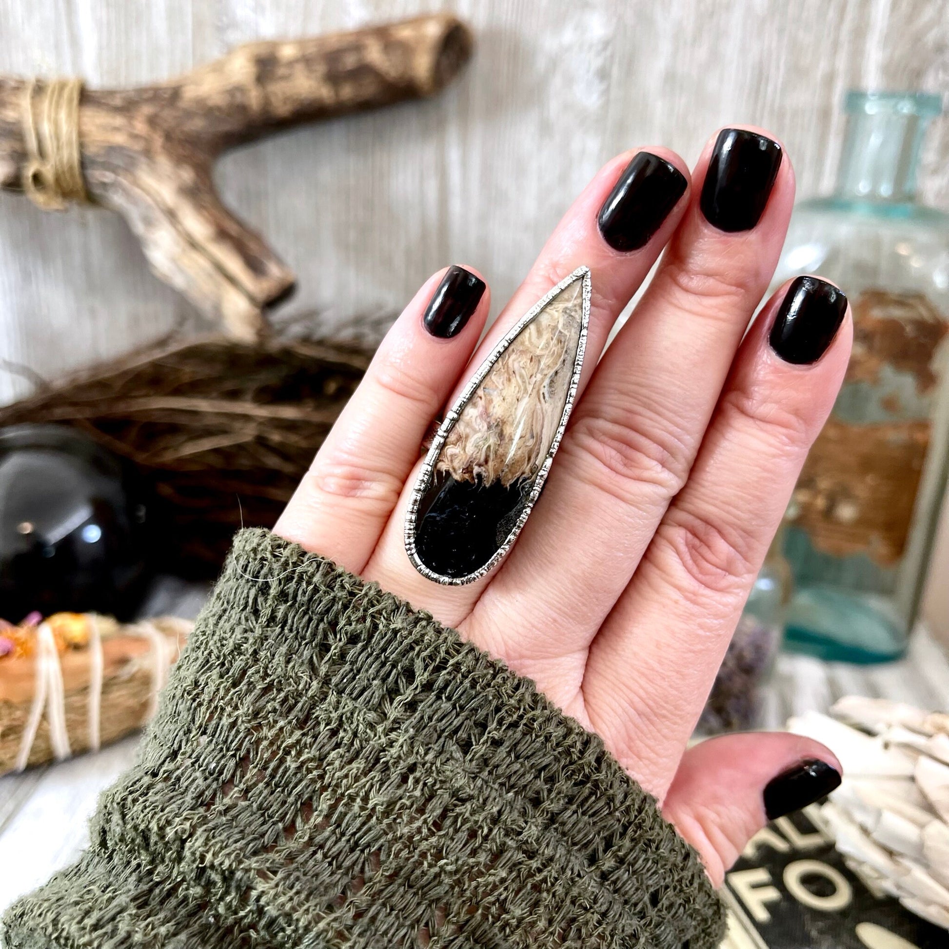 Unique Size 7 Large Fossilized Palm Root Statement Ring in Fine Silver / Foxlark Collection - One of a Kind.