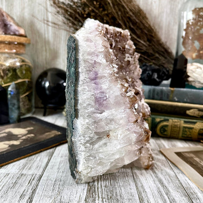 Large Self Standing Druzy Purple Amethyst Geode Crystal Cluster with Calcite / FoxlarkCrystals.