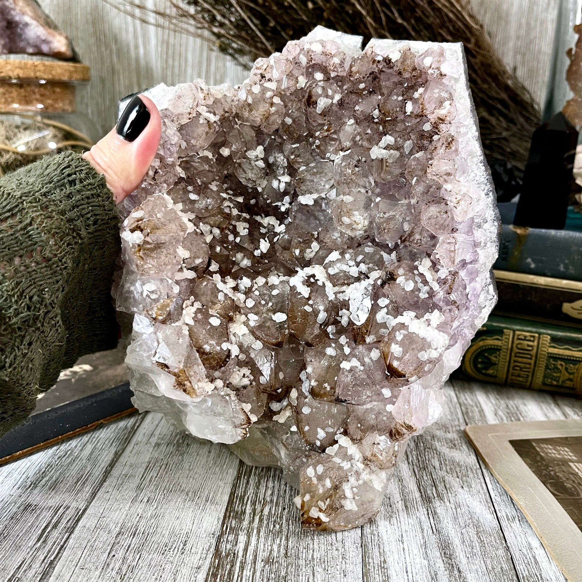 Large Self Standing Druzy Purple Amethyst Geode Crystal Cluster with Calcite / FoxlarkCrystals.
