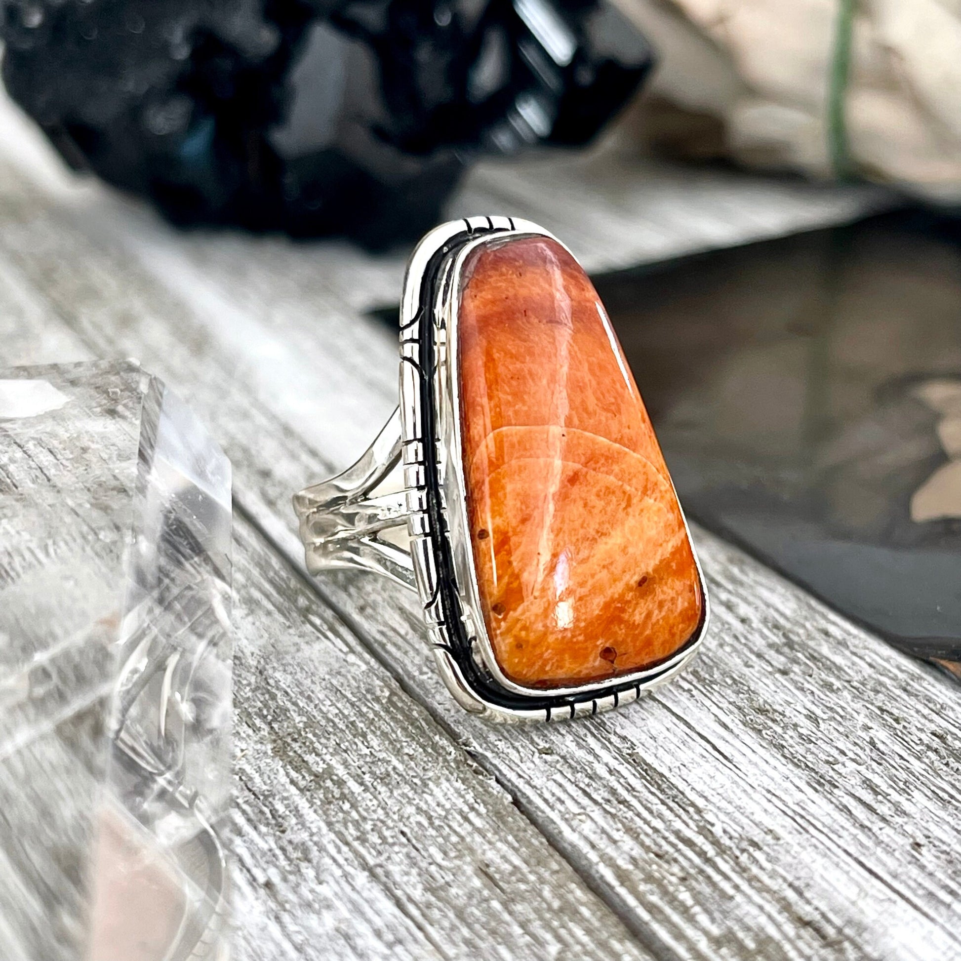 Size 9 Stunning Spiny Oyster Statement Ring Set in Sterling Silver / Curated by FOXLARK Collection - Foxlark Crystal Jewelry