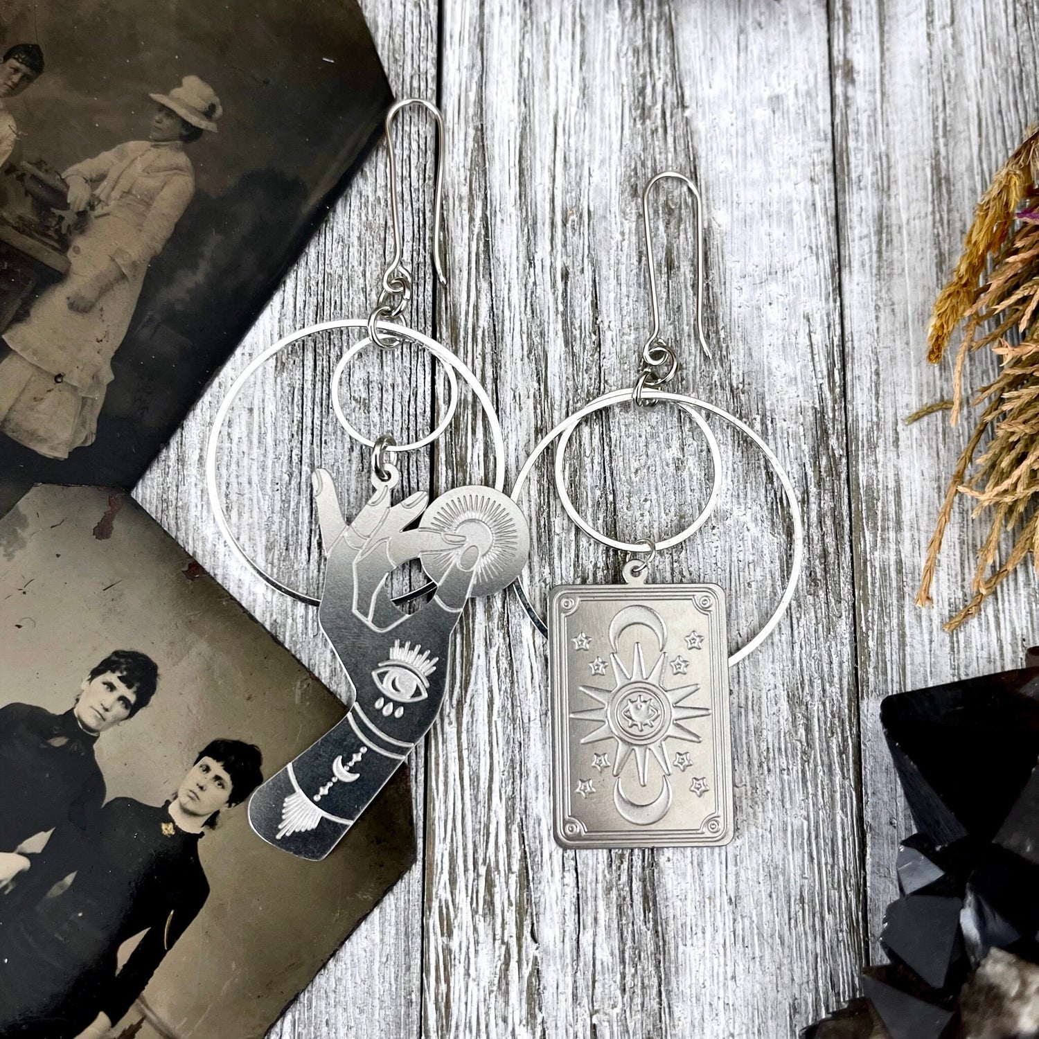 Unique Mismatch Tarot Reader Earrings Sterling Silver & Stainless Steel Earrings/ Evil Eye Moon Earrings - Long Dangly Geometric Earrings