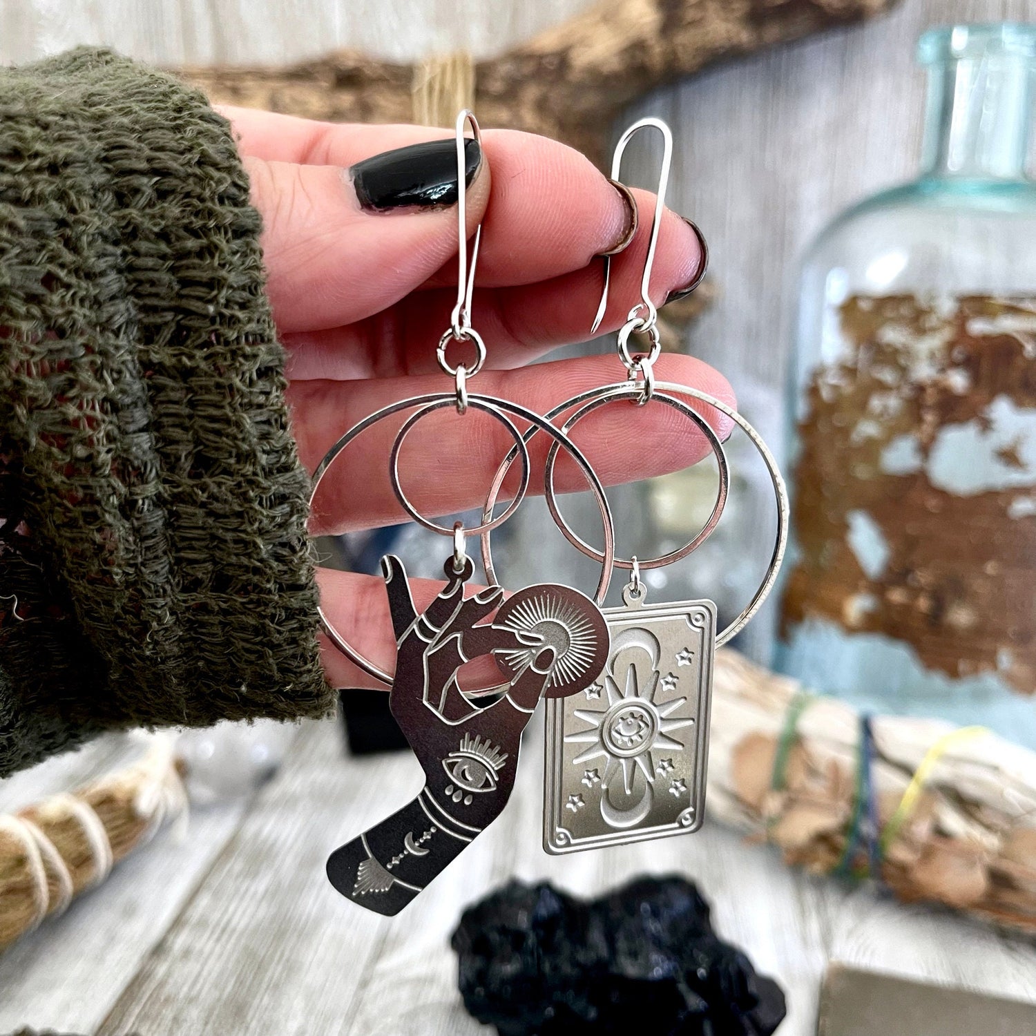 Unique Mismatch Tarot Reader Earrings Sterling Silver & Stainless Steel Earrings/ Evil Eye Moon Earrings - Long Dangly Geometric Earrings