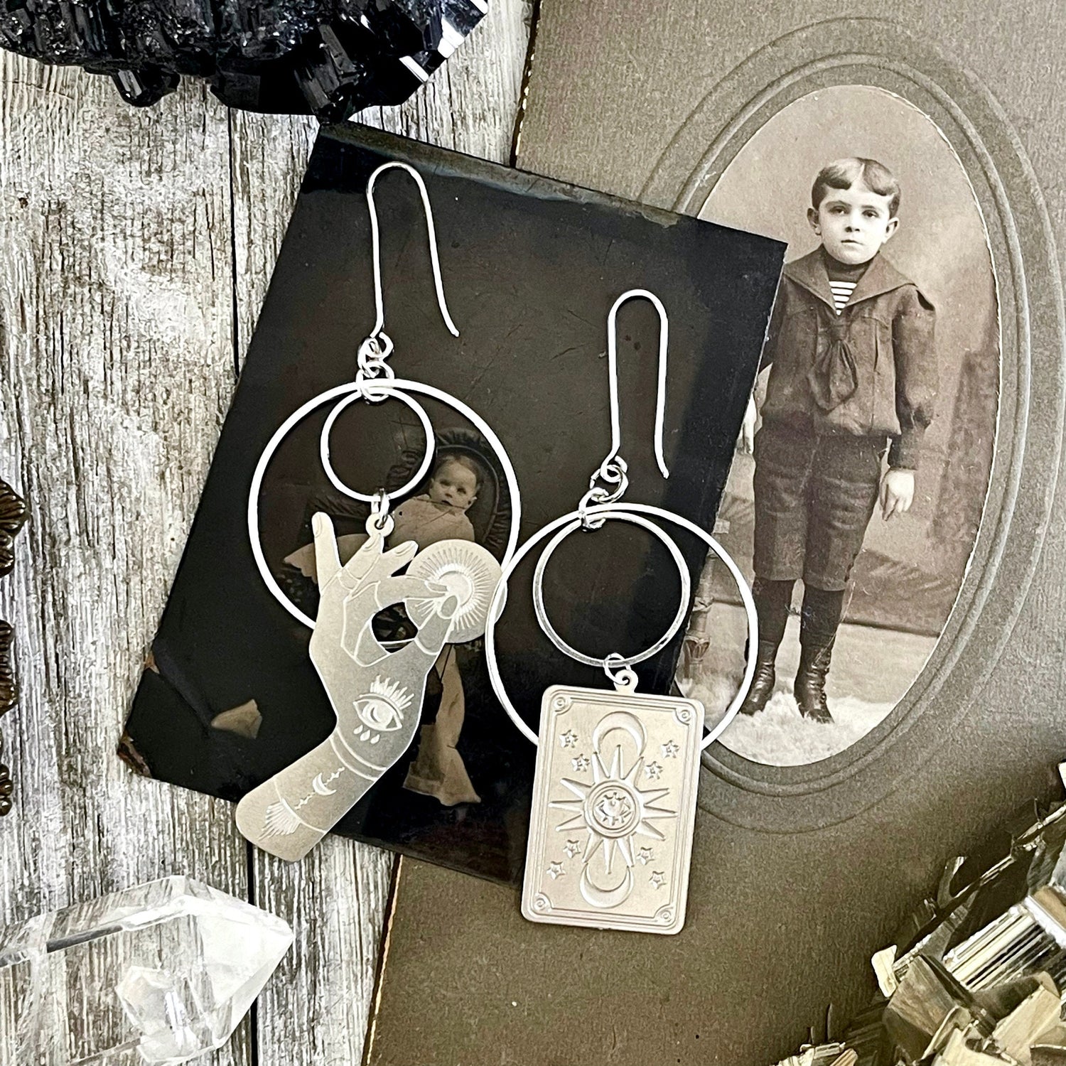Unique Mismatch Tarot Reader Earrings Sterling Silver & Stainless Steel Earrings/ Evil Eye Moon Earrings - Long Dangly Geometric Earrings