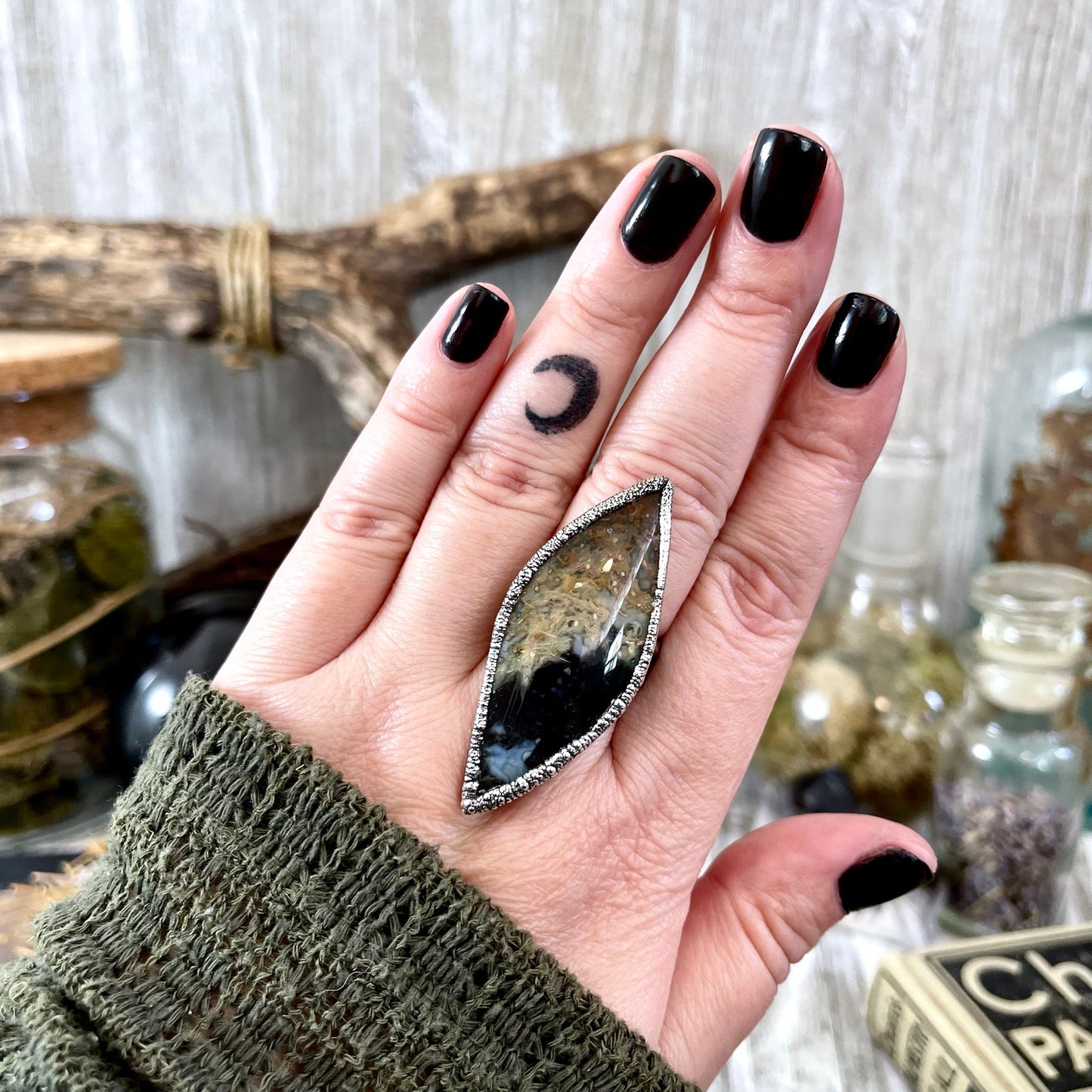 Big Bold Jewelry, Big Crystal Ring, Big Silver Ring, Big Stone Ring, Etsy ID: 1414498699, Fossilized Palm Root, FOXLARK- RINGS, Jewelry, Large Boho Ring, Large Crystal Ring, Large Stone Ring, Natural stone ring, Rings, silver crystal ring, Silver Stone Je